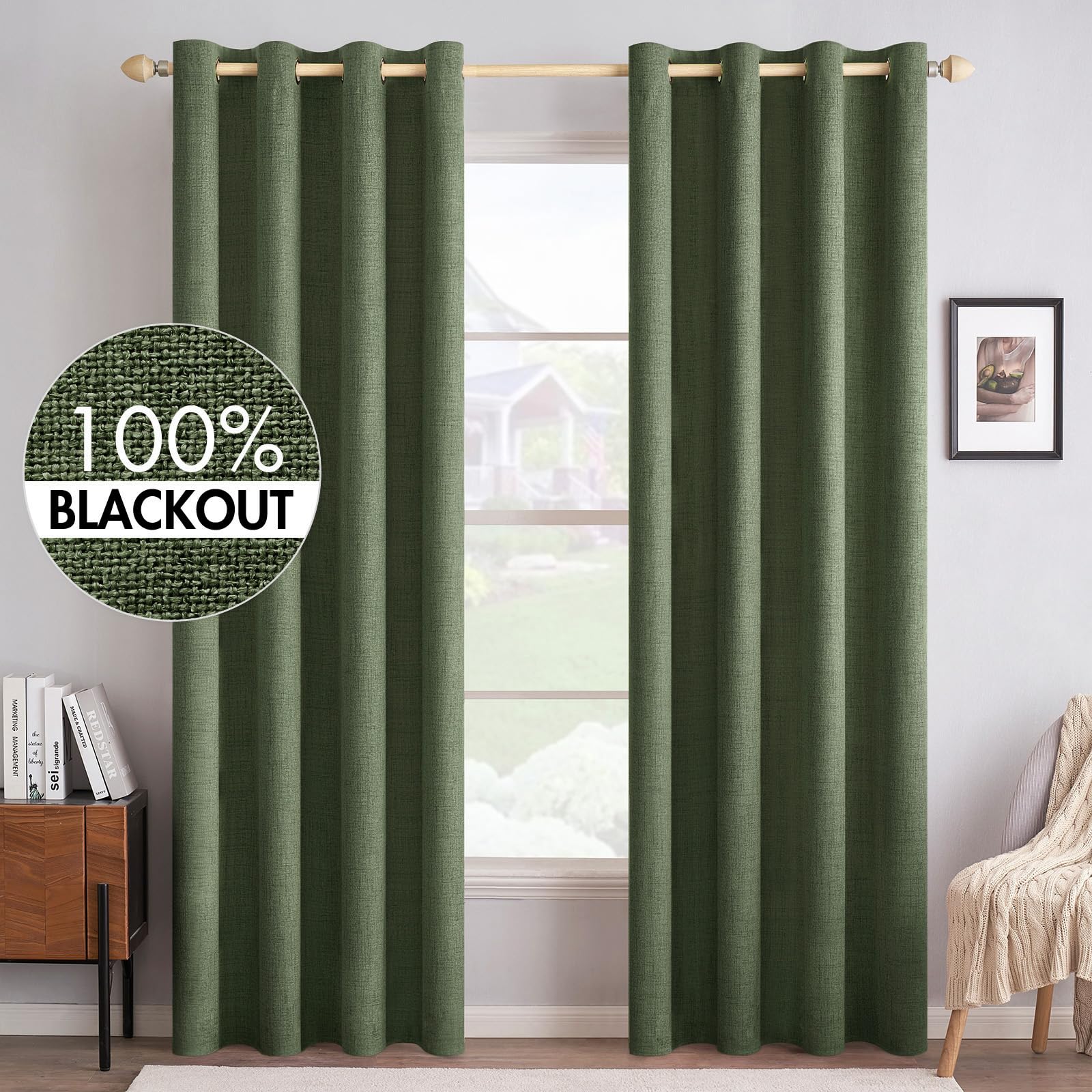 MIULEE 100% Blackout Linen Textured Curtains for Bedroom Solid Thermal Insulated Natural Beige Grommet Room Darkening Curtains & Drapes Luxury Decor for Living Room Nursery 52 x 84 Inch (2 Panels)