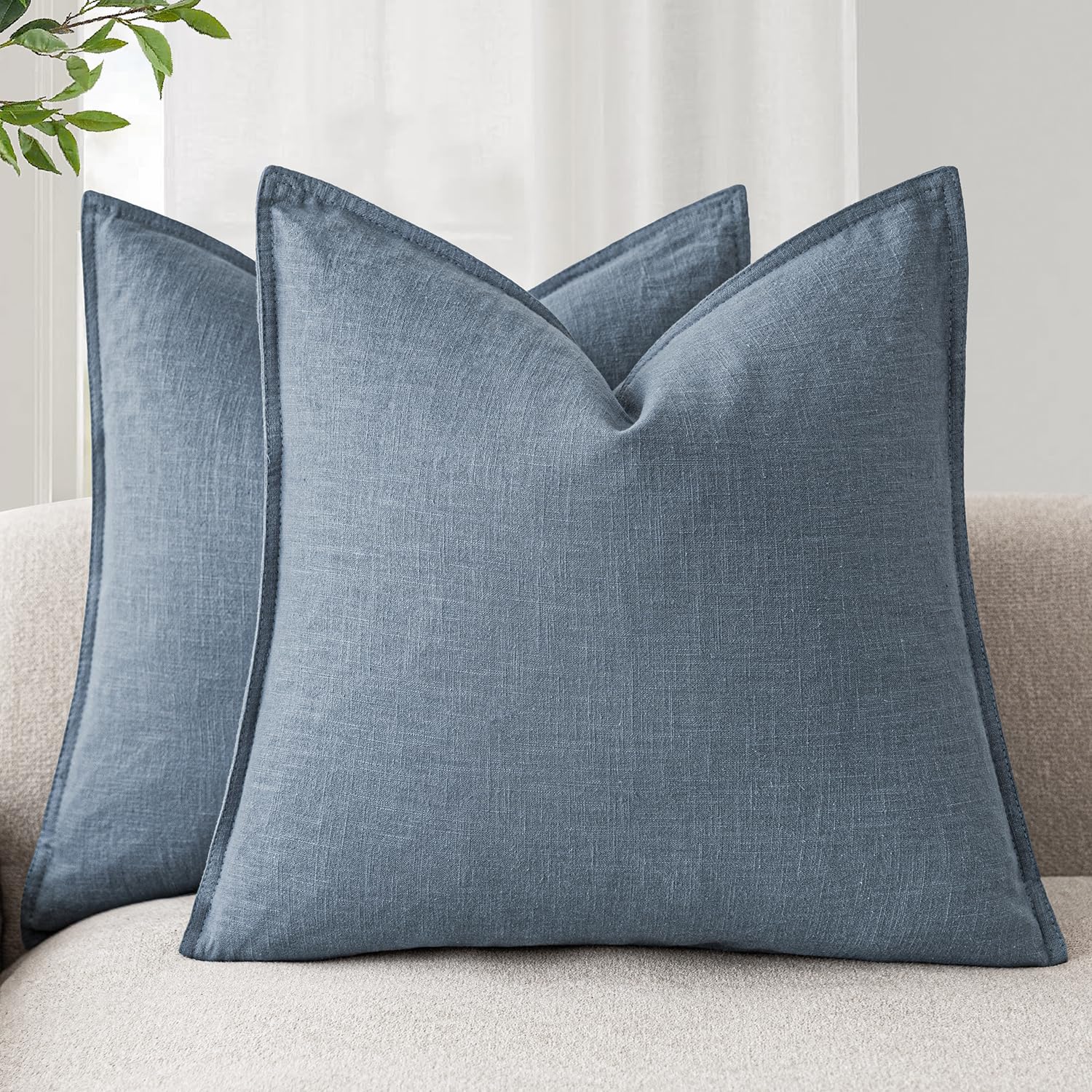 Foindtower Pack of 2, Decorative Linen Soild Throw Pillow Covers Soft Accent Cushion Case Boho Farmhouse Neutral Pillowcase for Couch Sofa Bedroom Living Room Home Decor 18 x 18 Inch Natural Beige