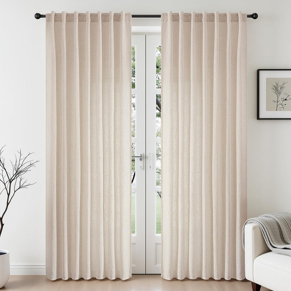 CUCRAF Natural Off White Linen Non See Through Semi Sheer Privacy Curtains 84 Inches, Light Filtering Curtain for Bedroom Living Room, 2 Panels Set Rod Pocket & Back Tab Window Drapes (52 x 84 Inch)