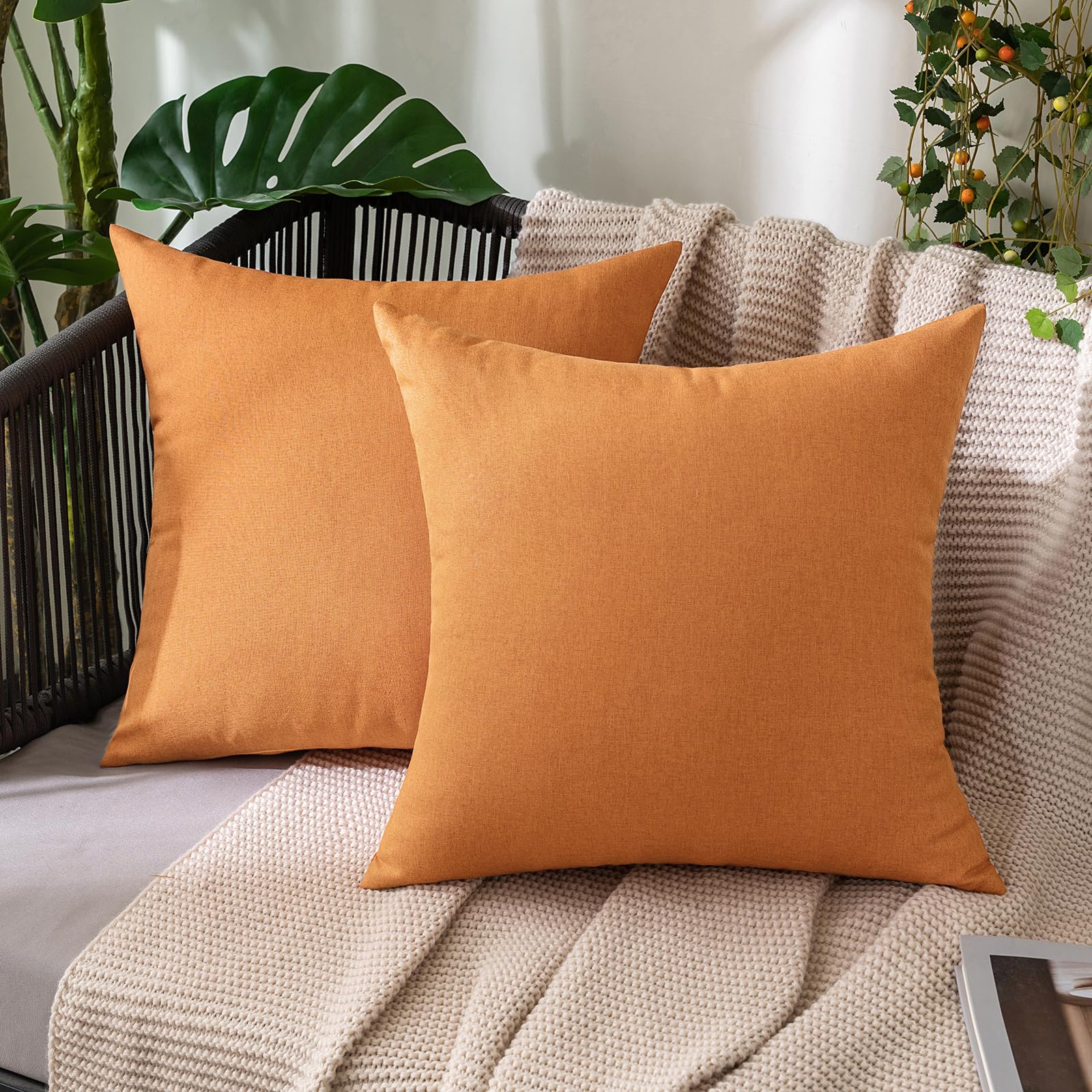 MIULEE Pack of 2 Decorative Outdoor Solid Waterproof Throw Pillow Covers Faux Linen Garden Farmhouse Cushion Cases for Patio Tent Balcony Couch Sofa 18x18 Inch Beige
