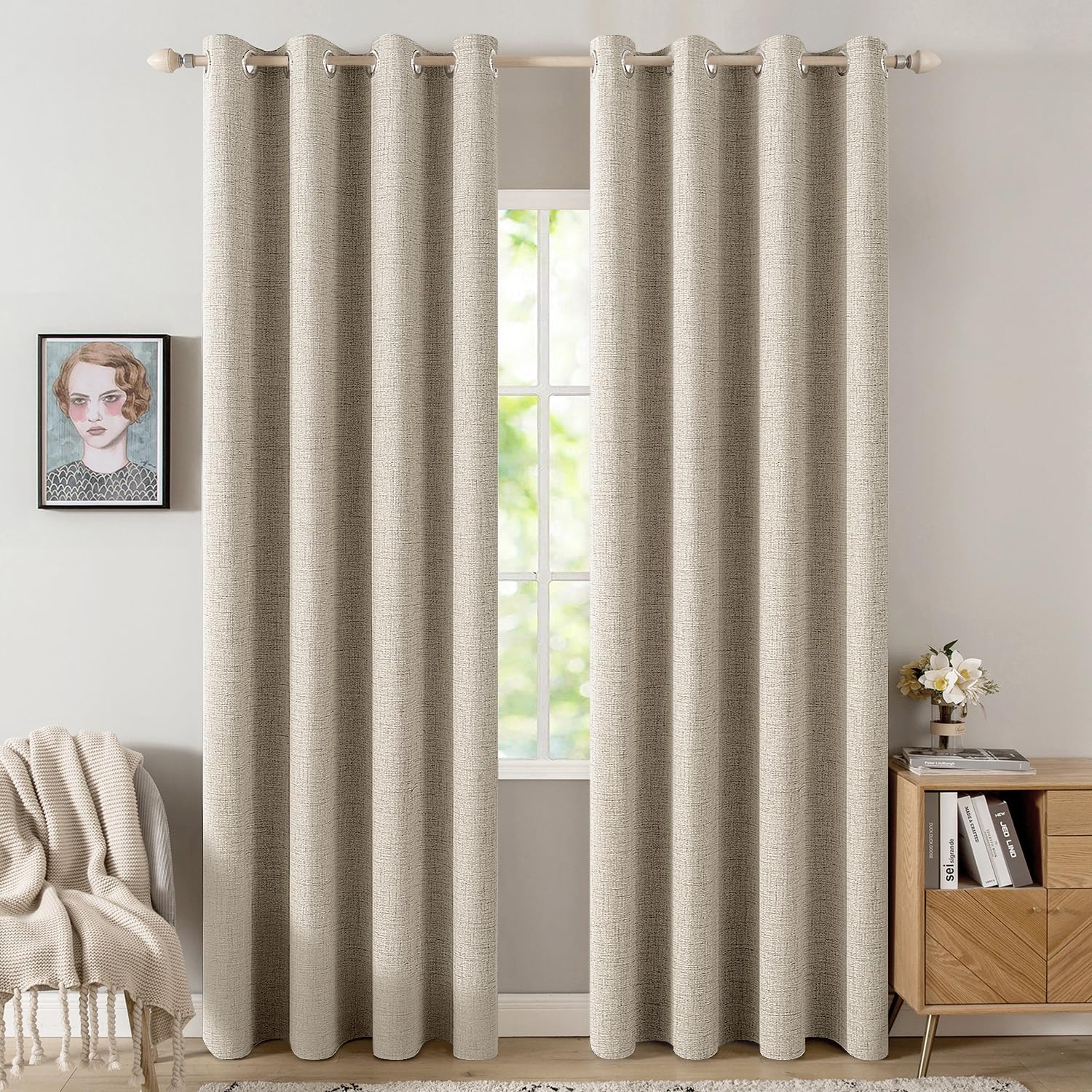 MIULEE 100% Blackout Linen Textured Curtains for Bedroom Solid Thermal Insulated Natural Beige Grommet Room Darkening Curtains & Drapes Luxury Decor for Living Room Nursery 52 x 84 Inch (2 Panels)