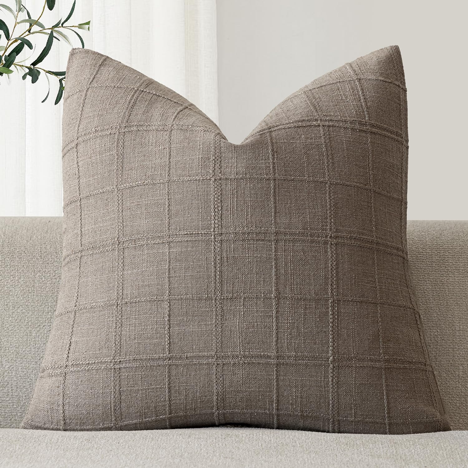 Foindtower Set of 1 Decorative Linen Check Throw Pillow Cover Neutral Farmhouse Lumbar Cushion Cover Modern Boho Home Decor for Sofa Chair Couch Bedroom Living Room,12×20 Inch,Natural Beige
