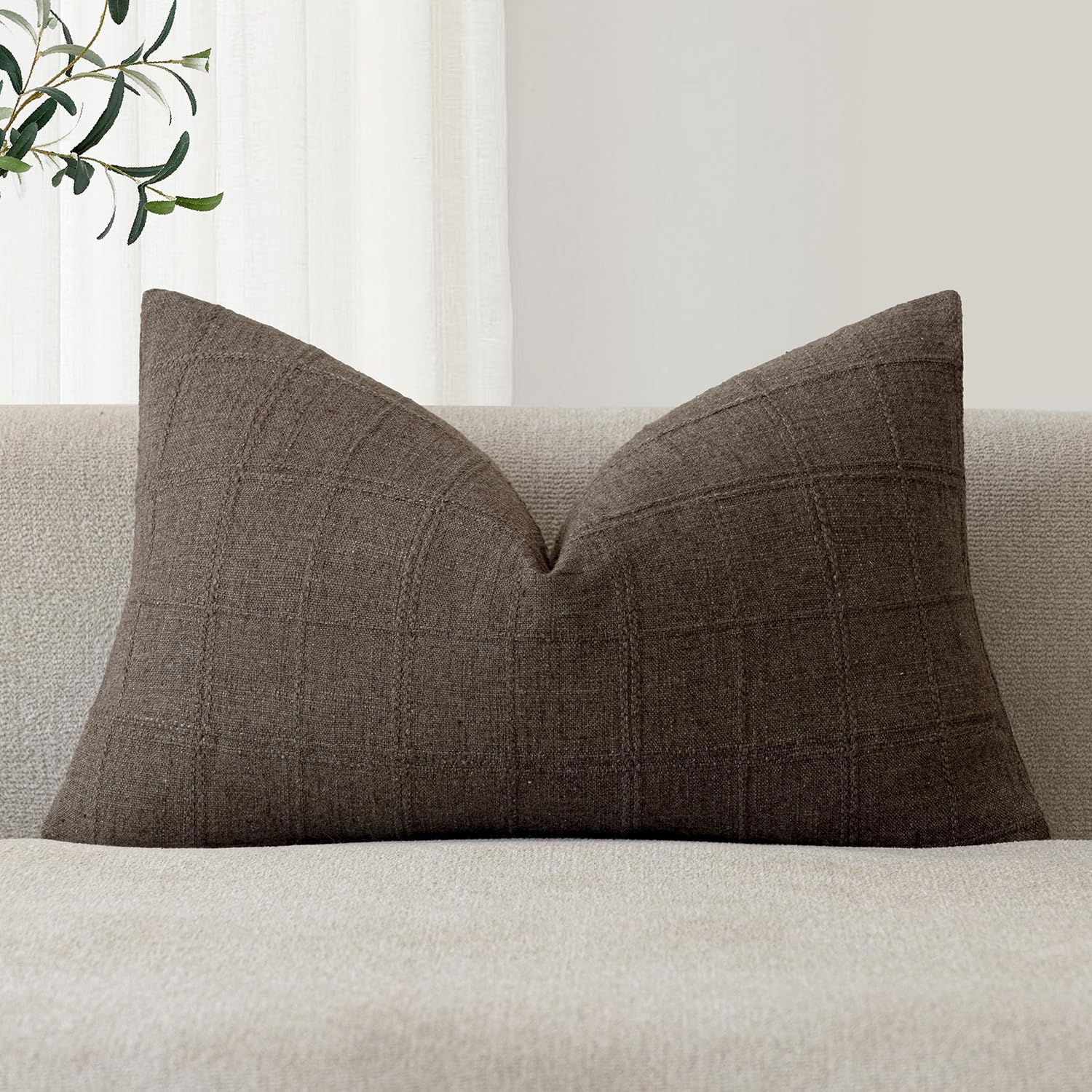 Foindtower Set of 1 Decorative Linen Check Throw Pillow Cover Neutral Farmhouse Lumbar Cushion Cover Modern Boho Home Decor for Sofa Chair Couch Bedroom Living Room,12×20 Inch,Natural Beige