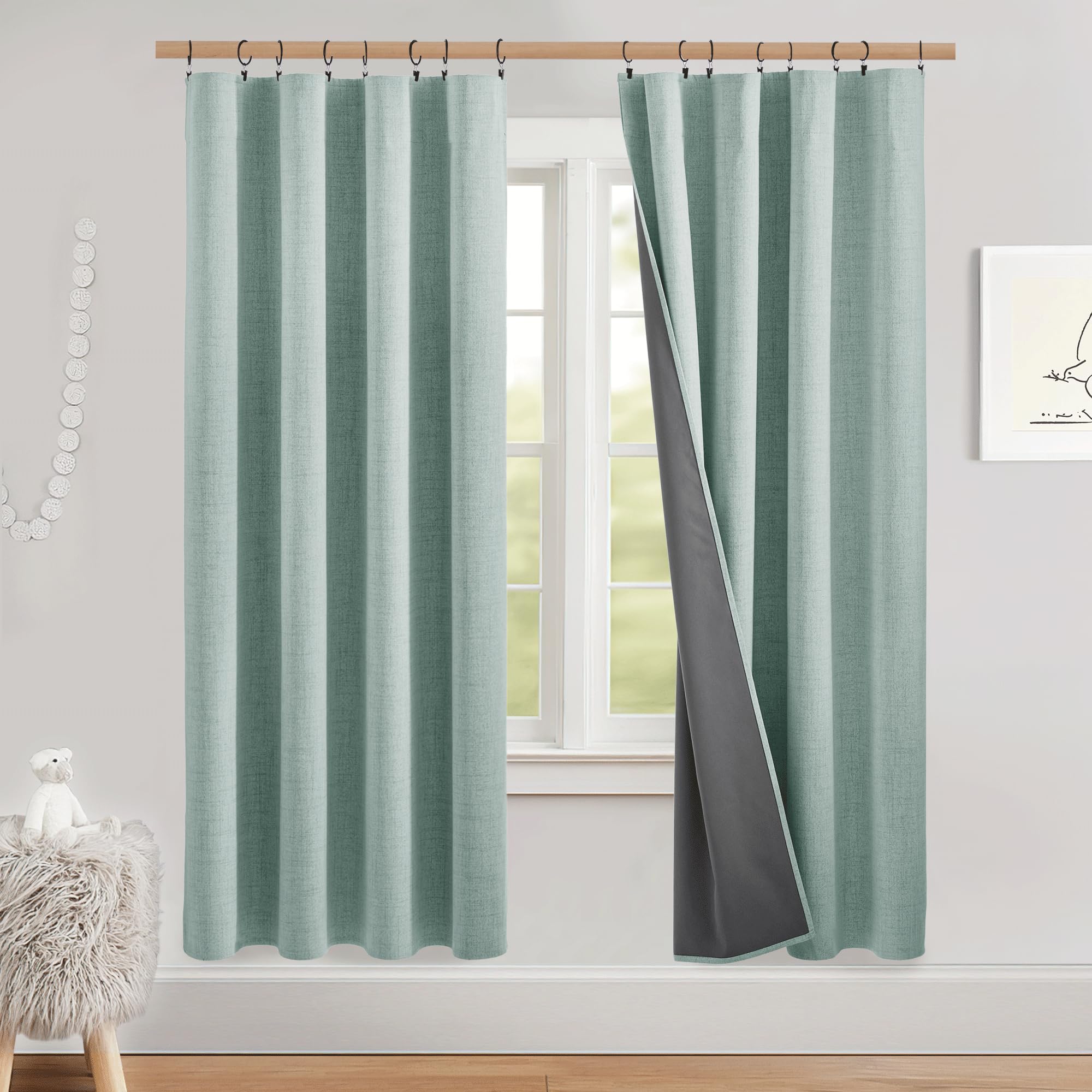 NICETOWN 100% Blackout Linen Curtains 90" Long for Bedroom, Thermal Insulated Living Room Curtains with Liner, Farmhouse Style Linen Blend Window Draperies for Dining Room (2 Panels, 52" W, Natural)
