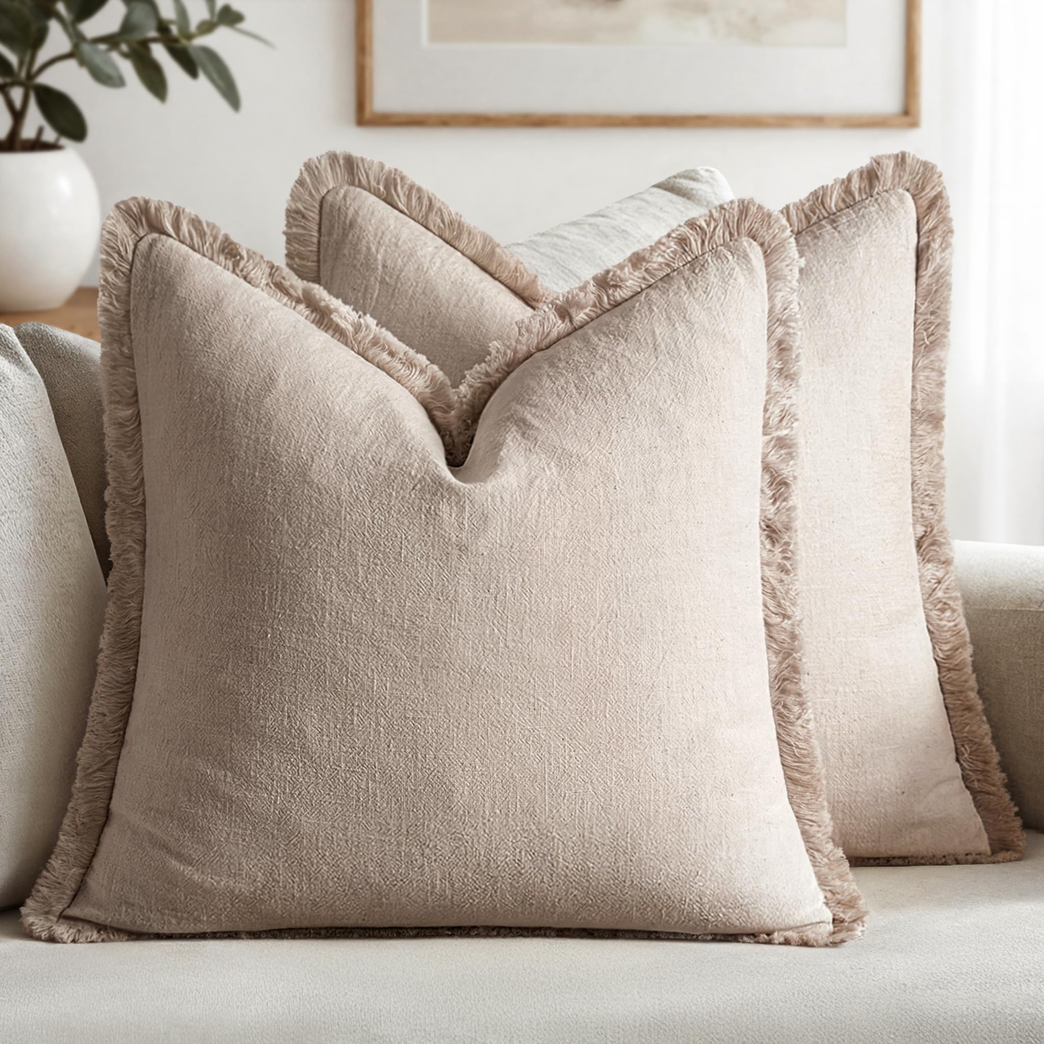 MIULEE Decorative Throw Pillow Covers Neutral Linen Fringe Throw Pillows Set of 2 Natural Beige Boho Farmhouse Cushion Cases with Tassels for Couch Sofa Bed Living Room Spring Decor 18x18 Inch