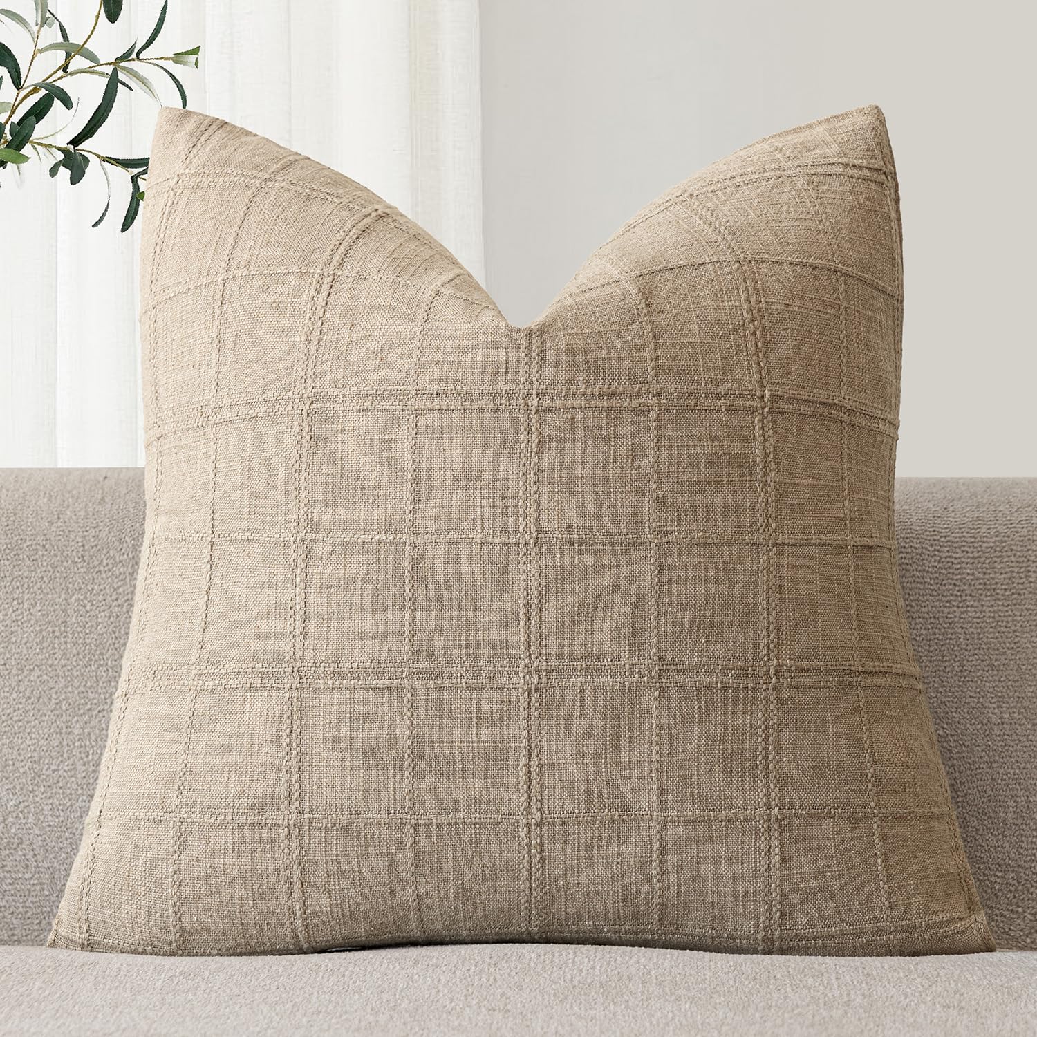 Foindtower Set of 1 Decorative Linen Check Throw Pillow Cover Neutral Farmhouse Lumbar Cushion Cover Modern Boho Home Decor for Sofa Chair Couch Bedroom Living Room,12×20 Inch,Natural Beige