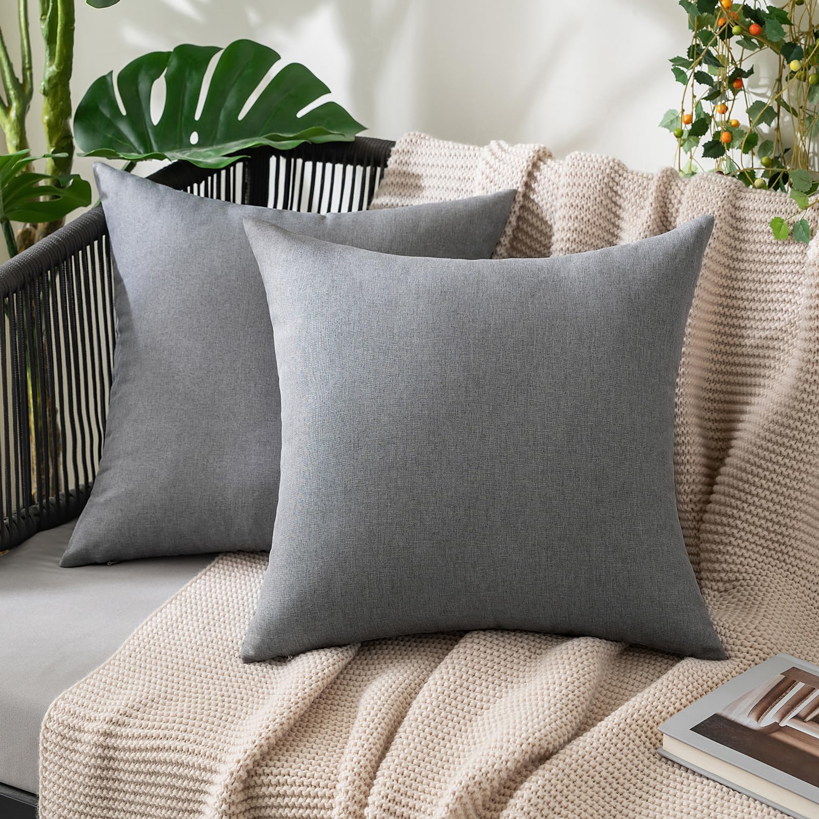 MIULEE Pack of 2 Decorative Outdoor Solid Waterproof Throw Pillow Covers Faux Linen Garden Farmhouse Cushion Cases for Patio Tent Balcony Couch Sofa 18x18 Inch Beige