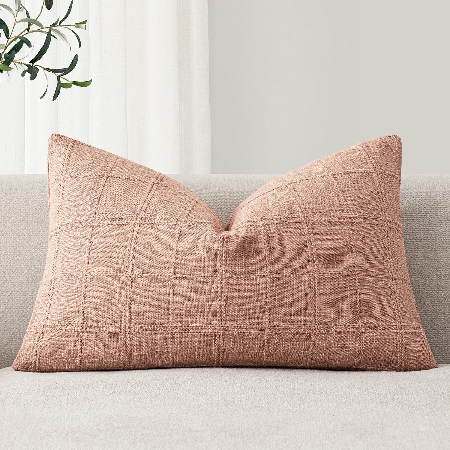 Foindtower Set of 1 Decorative Linen Check Throw Pillow Cover Neutral Farmhouse Lumbar Cushion Cover Modern Boho Home Decor for Sofa Chair Couch Bedroom Living Room,12×20 Inch,Natural Beige