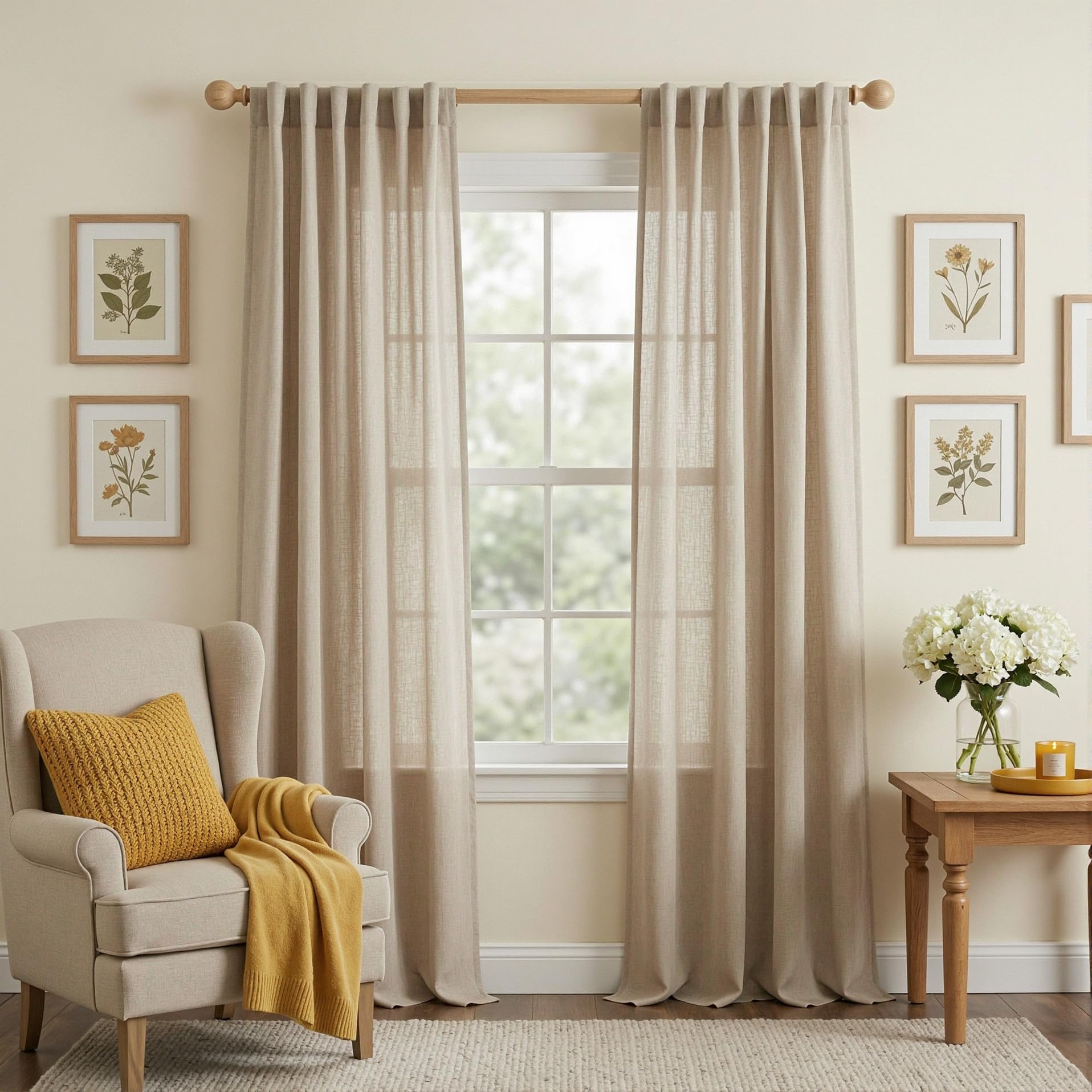 MYSKY HOME Linen Curtains for Living Room, Natural Semi Sheer Curtains & Drapes 84 inches Length 2 Panels Set Farmhouse Country Boho Style Back Tab Draperies for Sliding Glass Door, 50" Wide, Linen