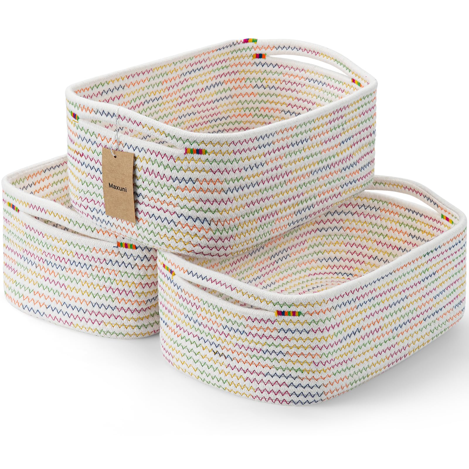 3-Pack Small Storage Baskets for Organizing | Woven Shelf Toy Basket | Rope Baskets for Gifts Empty | Closet Organizer Bins with Handles | Cube Decorative Box | 11.8×7.8×5.1” | Mixed brown
