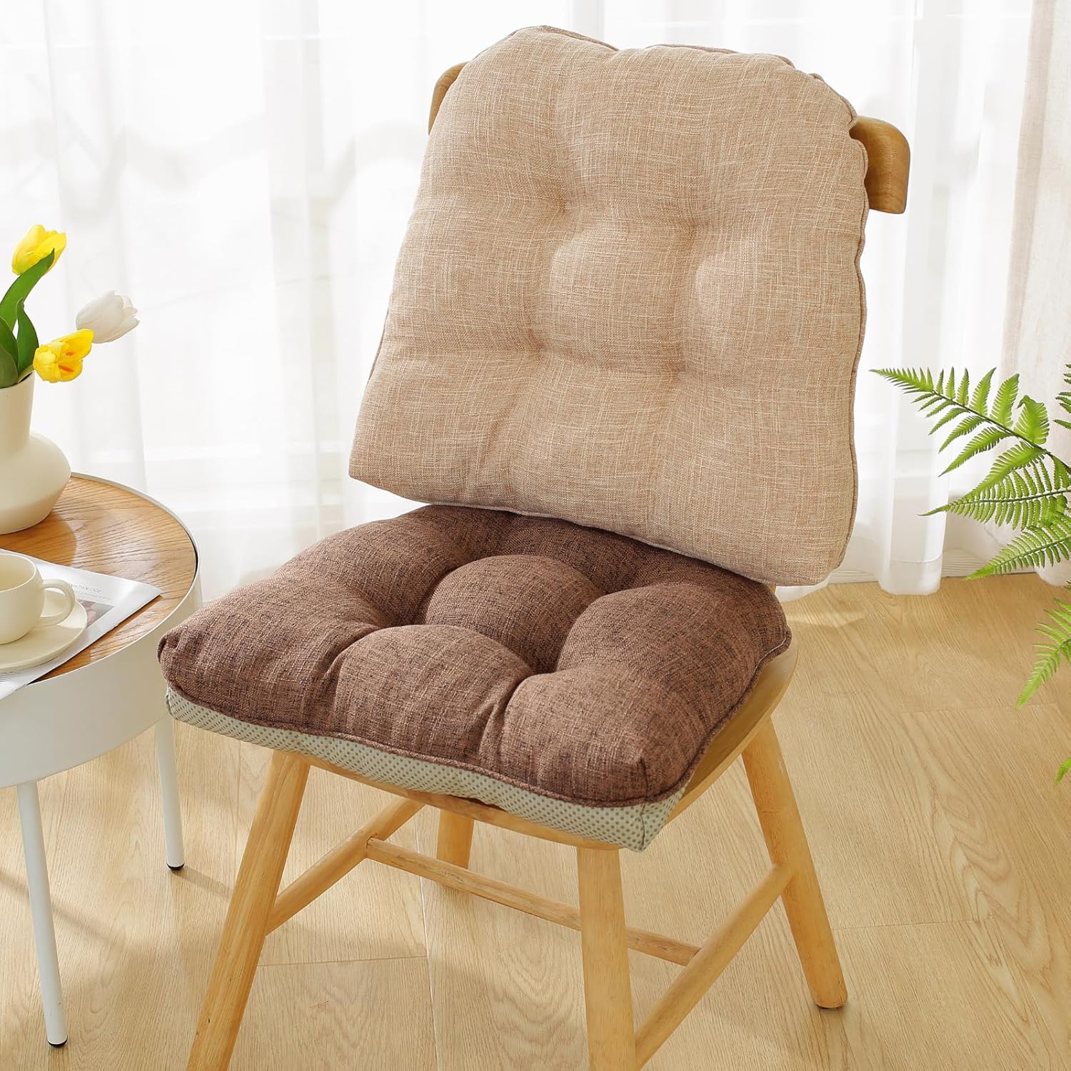Cotton Linen Soft Comfort Chair Cushion 18"x17"x2" Tufted Chair Pads with Ties Non-Slip Seat Cushions for Indoor Dining Room Kitchen and Office Chairs (Khaki,18"x17")