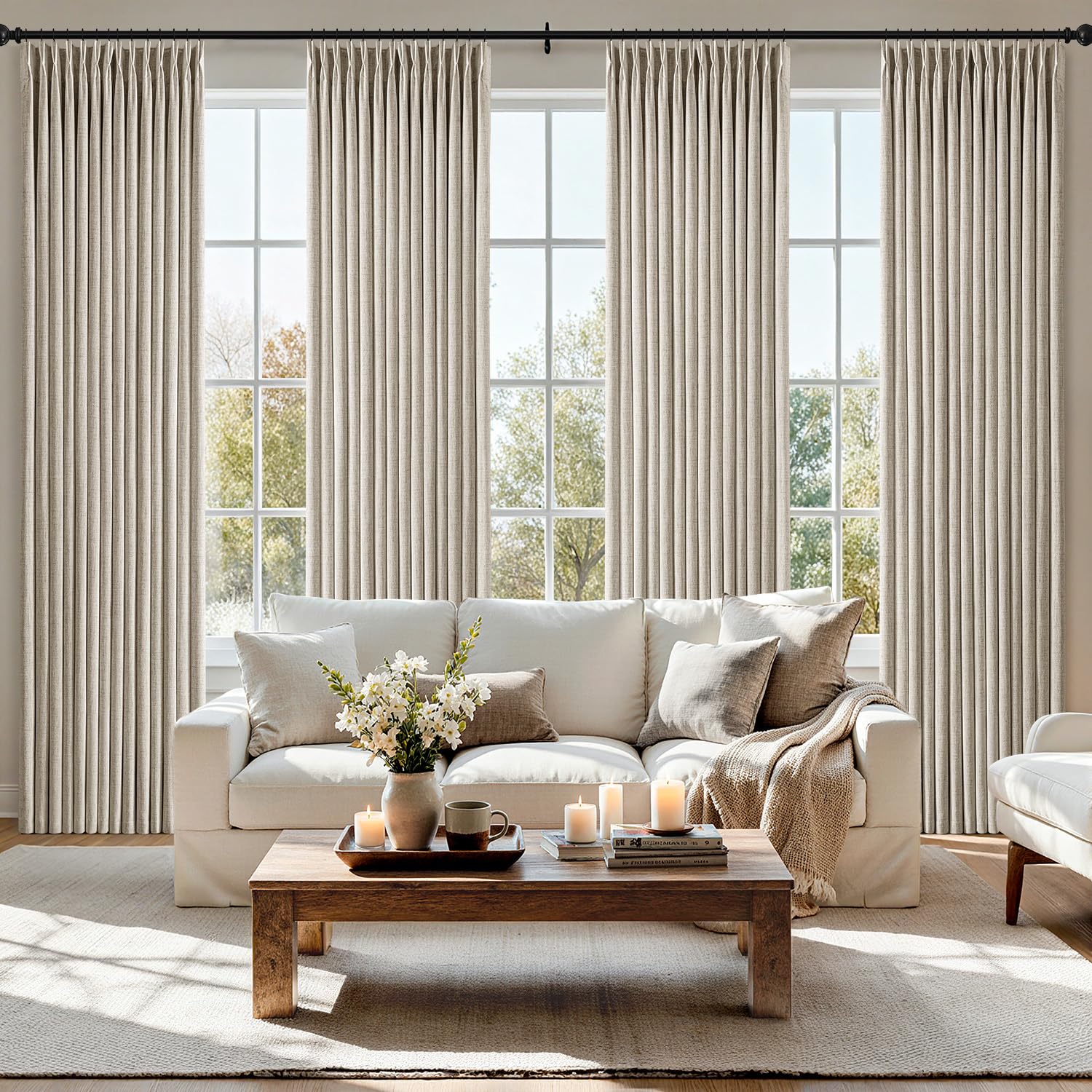 MIULEE Pinch Pleated Thick Linen Curtains 90 Inches 4 Panels Set Ivory Cream Back Tab Memory Trained Pinch Pleat Semi Sheer Light Filtering Privacy Curtains Window Drapes for Living Room Bedroom Birch
