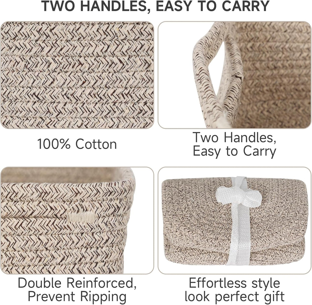 3-Pack Small Storage Baskets for Organizing | Woven Shelf Toy Basket | Rope Baskets for Gifts Empty | Closet Organizer Bins with Handles | Cube Decorative Box | 11.8×7.8×5.1” | Mixed brown