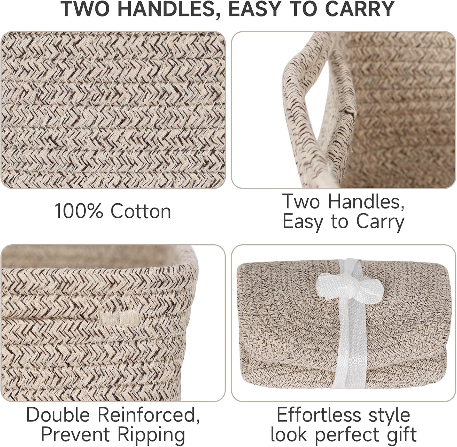 3-Pack Small Storage Baskets for Organizing | Woven Shelf Toy Basket | Rope Baskets for Gifts Empty | Closet Organizer Bins with Handles | Cube Decorative Box | 11.8×7.8×5.1” | Mixed brown