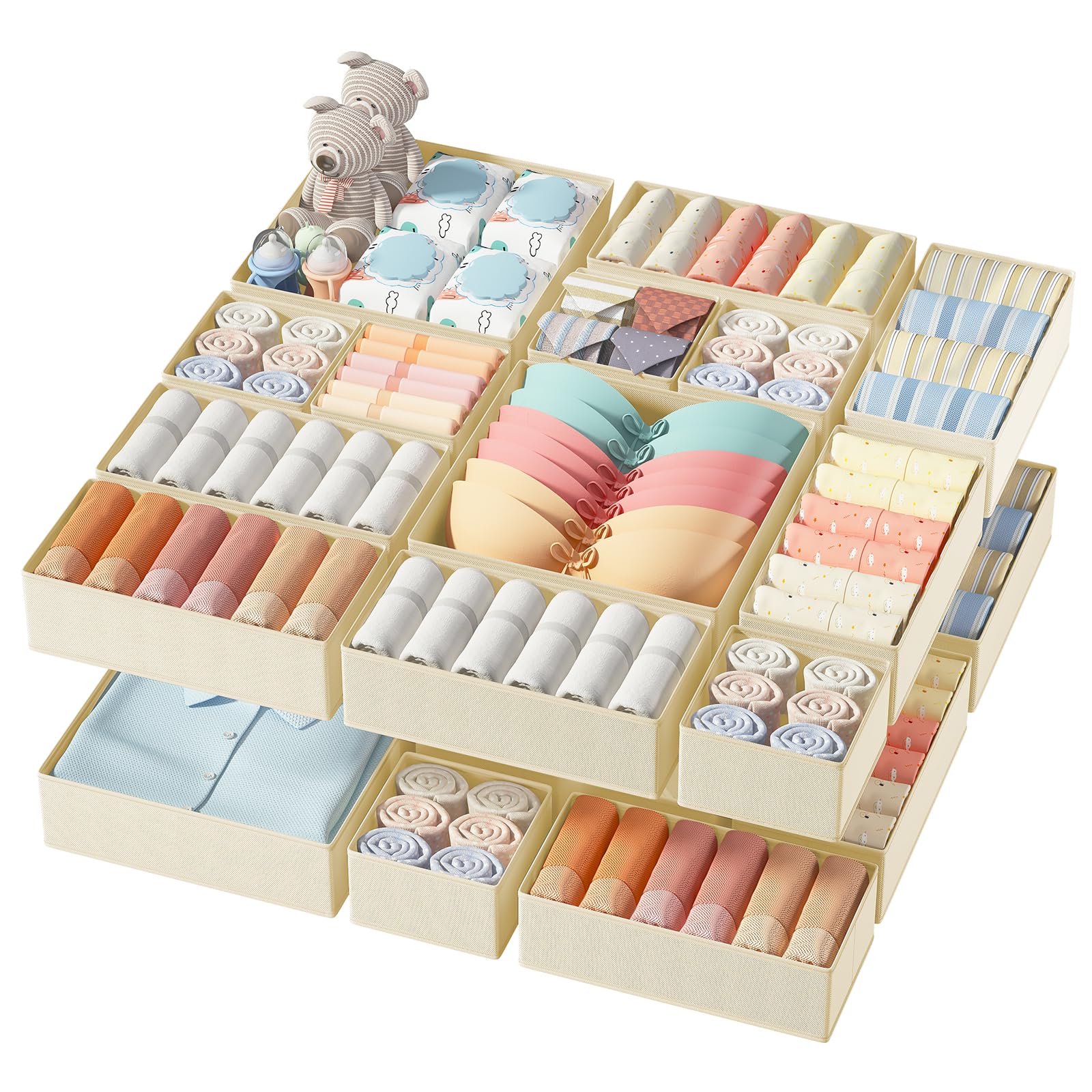 DIMJ Drawer Organizer Clothes, 12 Pack Dresser Organizer, Foldable Closet Organizers and Storage, Fabric Dresser Bins, Drawer Dividers for Nursery, Baby Clothes, Underwears, Sock (Beige)