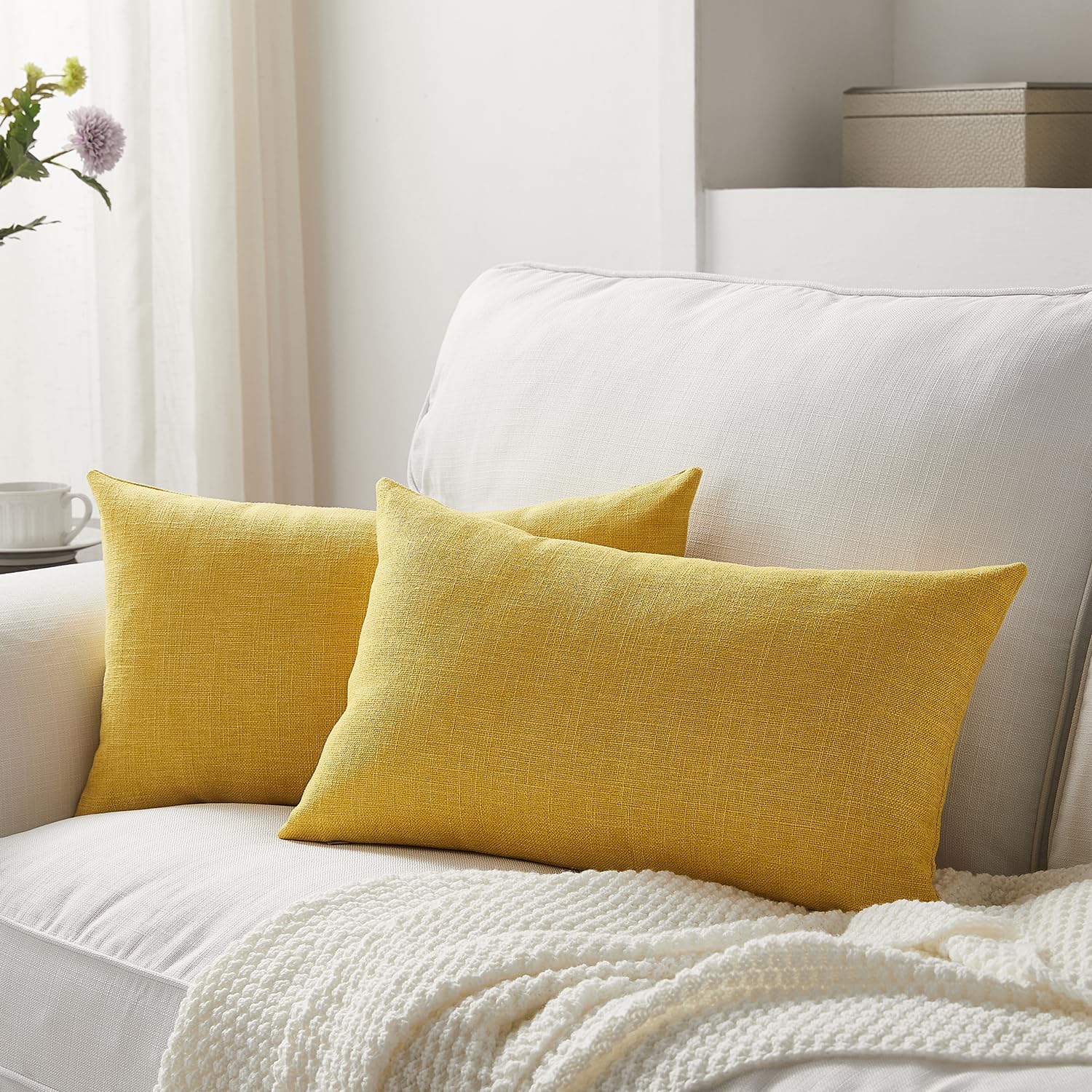 Meekio Set of 2 Ivory Throw Pillow Covers 18x18, Modern Farmhouse Linen Blend Decorative Pillow Covers for Couch Sofa Bed, Neutral Home Decor