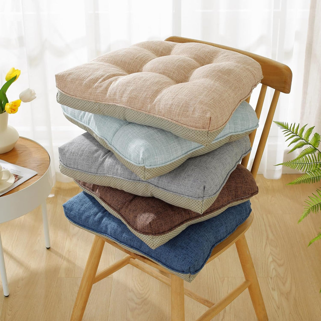 Cotton Linen Soft Comfort Chair Cushion 18"x17"x2" Tufted Chair Pads with Ties Non-Slip Seat Cushions for Indoor Dining Room Kitchen and Office Chairs (Khaki,18"x17")