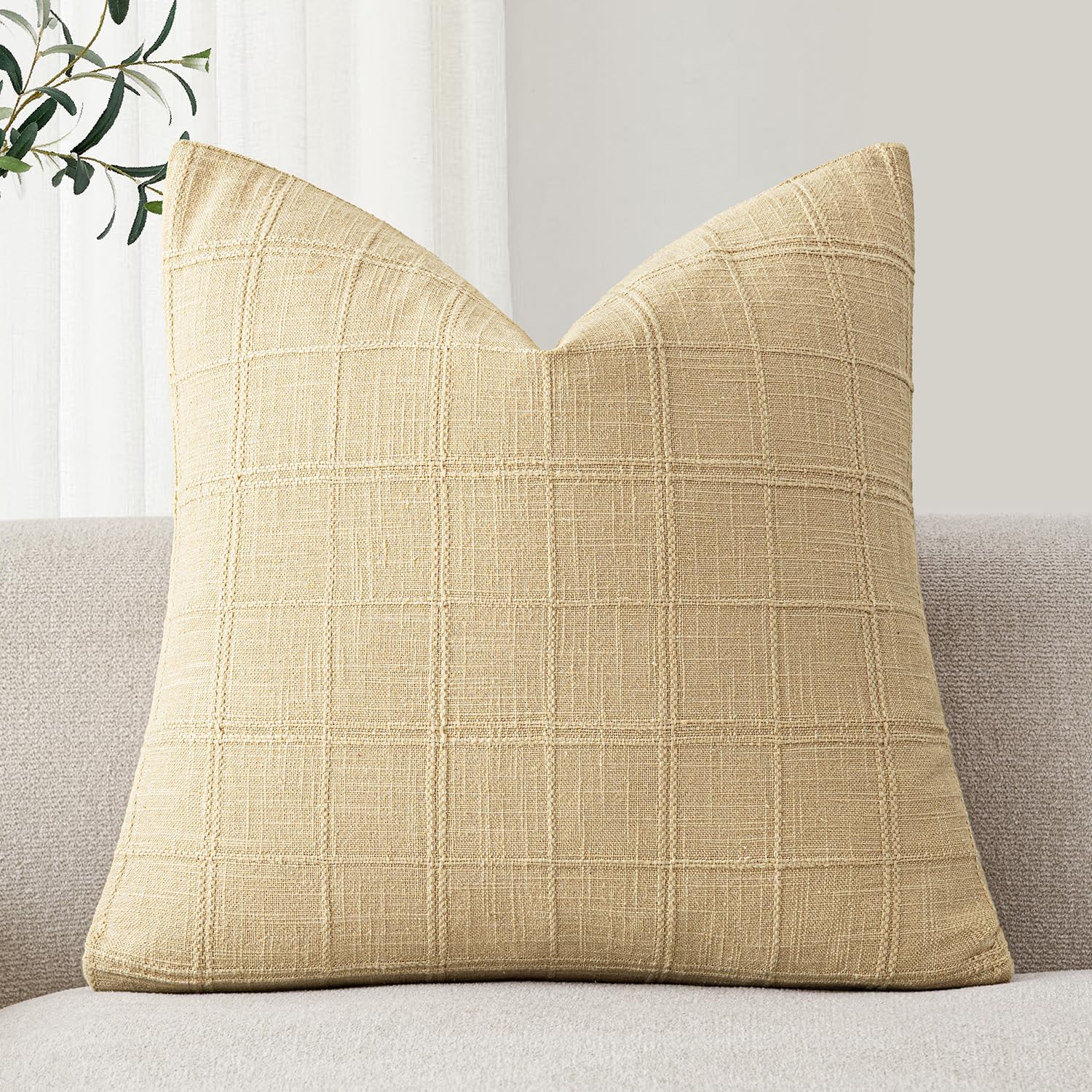 Foindtower Set of 1 Decorative Linen Check Throw Pillow Cover Neutral Farmhouse Lumbar Cushion Cover Modern Boho Home Decor for Sofa Chair Couch Bedroom Living Room,12×20 Inch,Natural Beige