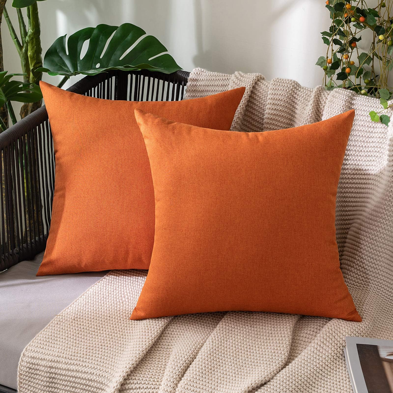 MIULEE Pack of 2 Decorative Outdoor Solid Waterproof Throw Pillow Covers Faux Linen Garden Farmhouse Cushion Cases for Patio Tent Balcony Couch Sofa 18x18 Inch Beige