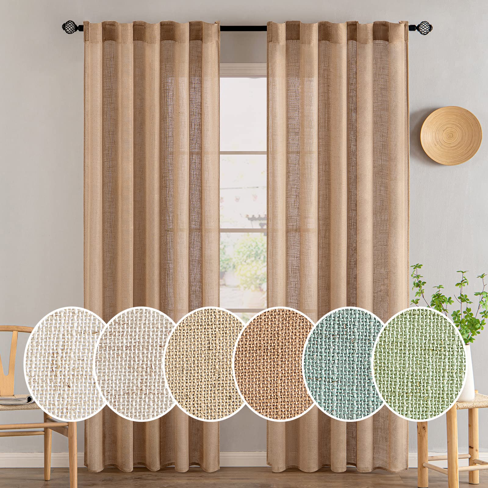 MIULEE Taupe Linen Curtains 84 Inch Length for Bedroom Living Room, Soft Thick Linen Textured Window Drapes Semi Sheer Light Filtering Back Tab Rod Pocket Burlap Look Farmhouse Country Decor, 2 Panels