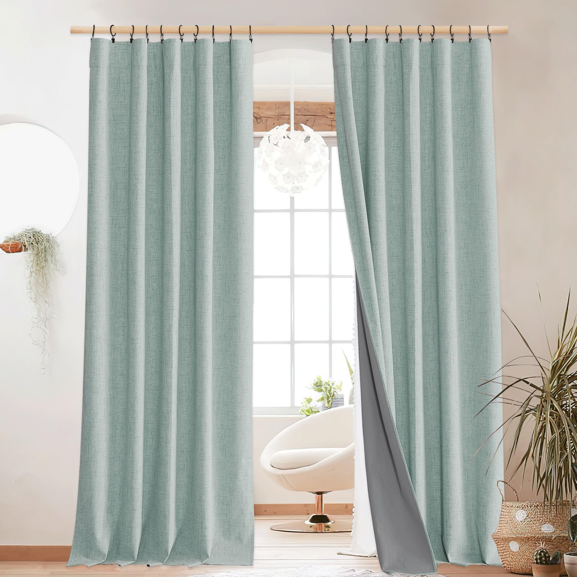 NICETOWN 100% Blackout Linen Curtains 90" Long for Bedroom, Thermal Insulated Living Room Curtains with Liner, Farmhouse Style Linen Blend Window Draperies for Dining Room (2 Panels, 52" W, Natural)