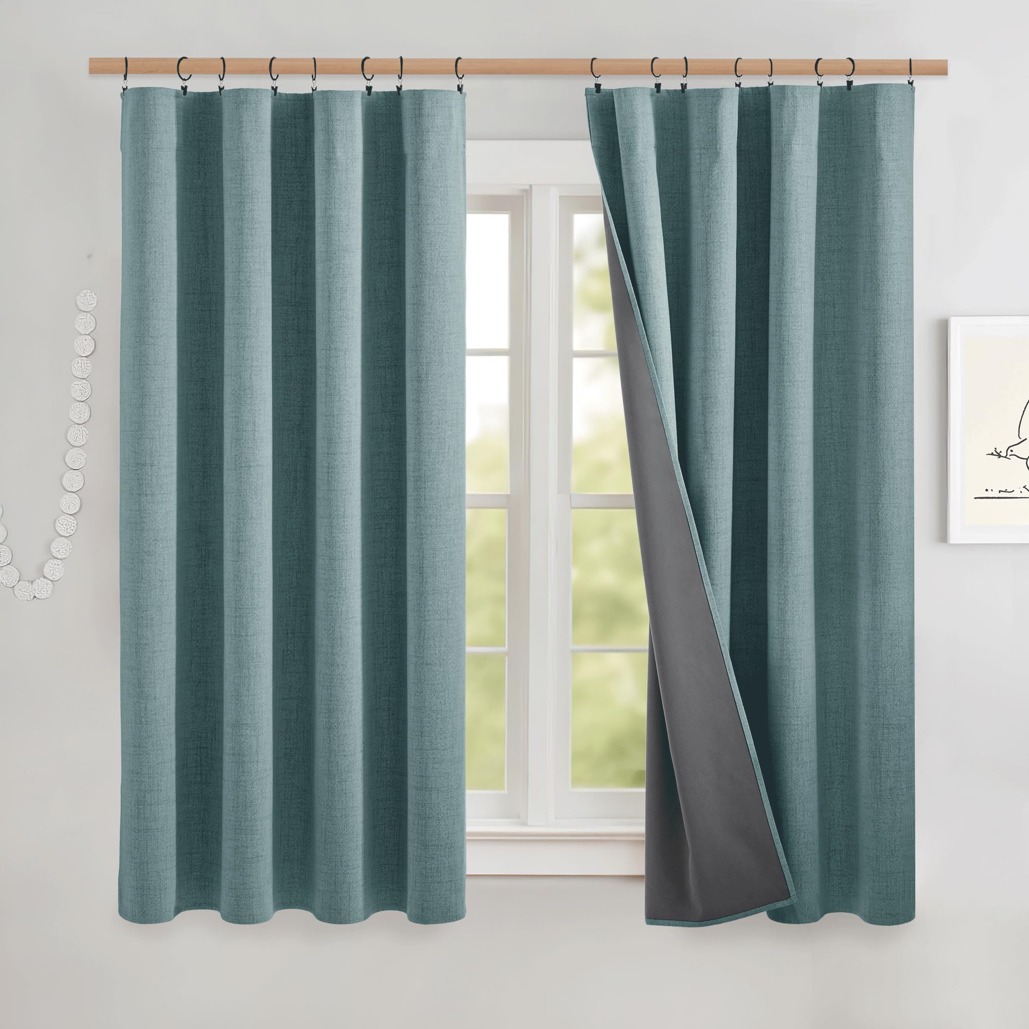 NICETOWN 100% Blackout Linen Curtains 90" Long for Bedroom, Thermal Insulated Living Room Curtains with Liner, Farmhouse Style Linen Blend Window Draperies for Dining Room (2 Panels, 52" W, Natural)