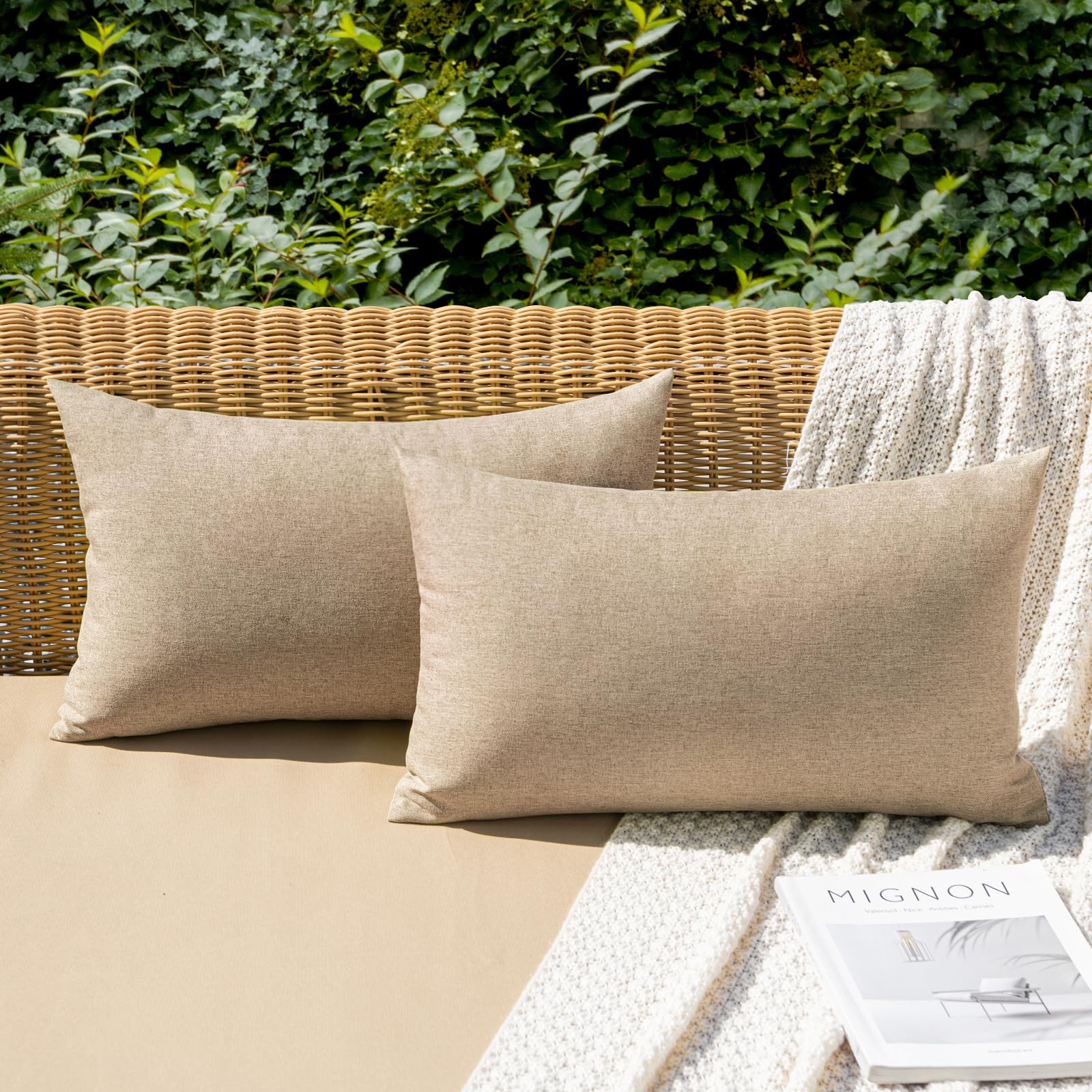 MIULEE Pack of 2 Decorative Outdoor Solid Waterproof Throw Pillow Covers Faux Linen Garden Farmhouse Cushion Cases for Patio Tent Balcony Couch Sofa 18x18 Inch Beige