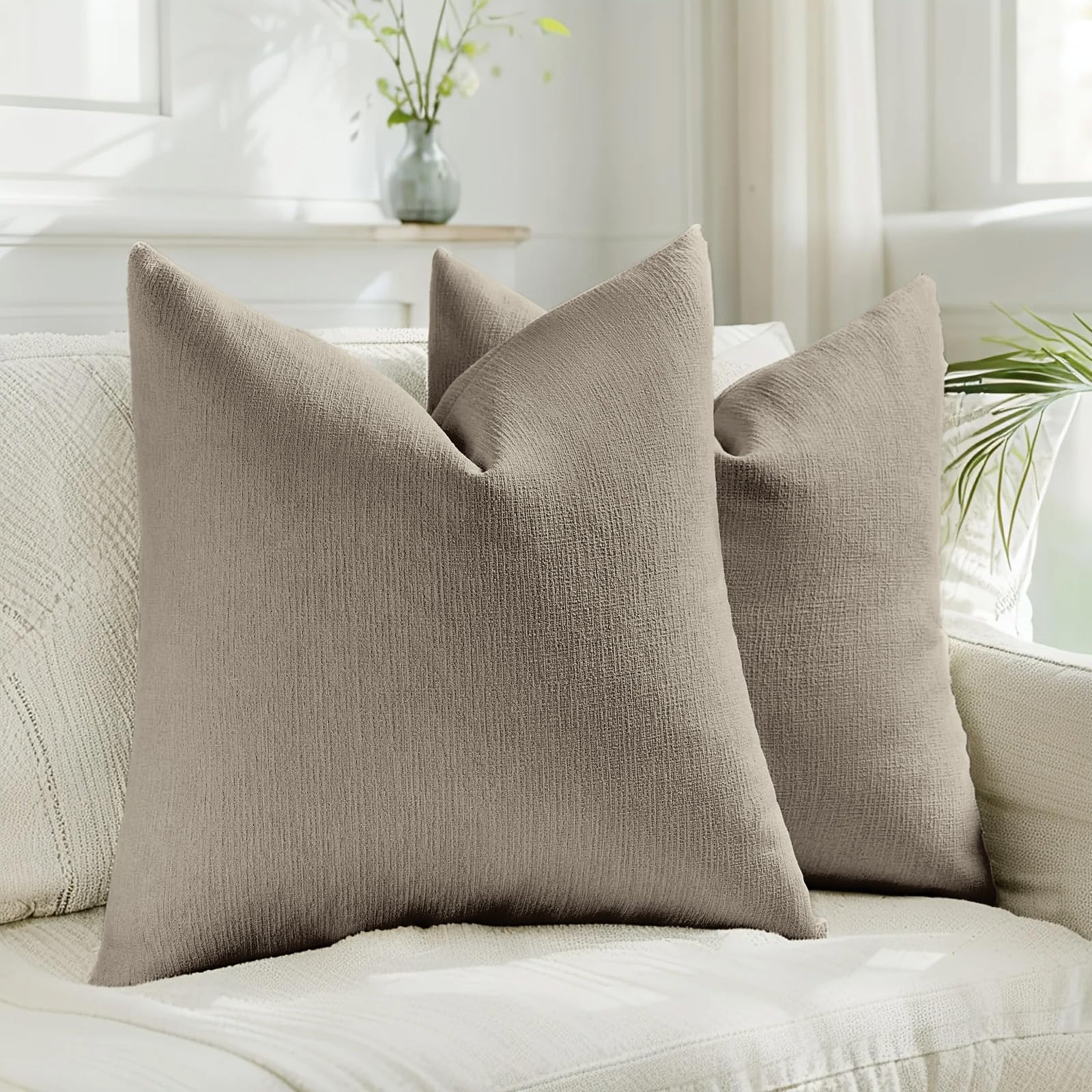 HAUSSY Pack of 2 Linen Pillow Covers 18x18 Inch, Decorative Throw Pillows Soft Boho Neutral Cushion Covers Home Decor Modern Soild Pillow Cases for Couch Living Room Sofa Bed, Coffee (Covers Only)