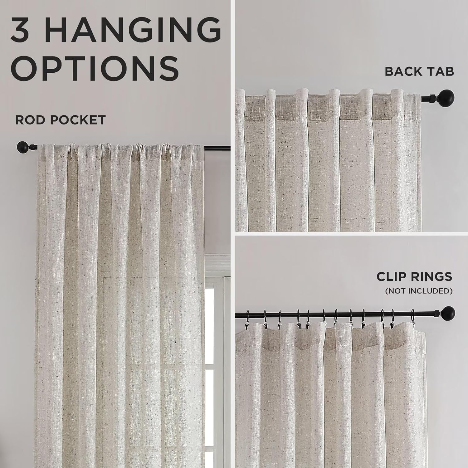 CUCRAF Natural Off White Linen Non See Through Semi Sheer Privacy Curtains 84 Inches, Light Filtering Curtain for Bedroom Living Room, 2 Panels Set Rod Pocket & Back Tab Window Drapes (52 x 84 Inch)