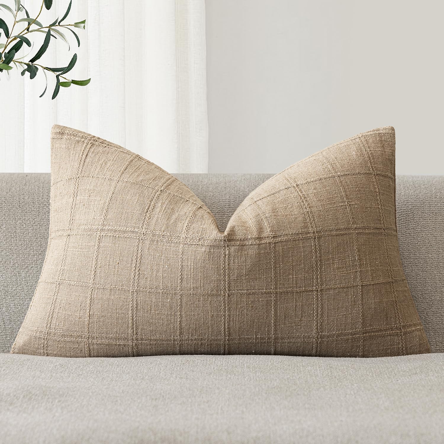 Foindtower Set of 1 Decorative Linen Check Throw Pillow Cover Neutral Farmhouse Lumbar Cushion Cover Modern Boho Home Decor for Sofa Chair Couch Bedroom Living Room,12×20 Inch,Natural Beige