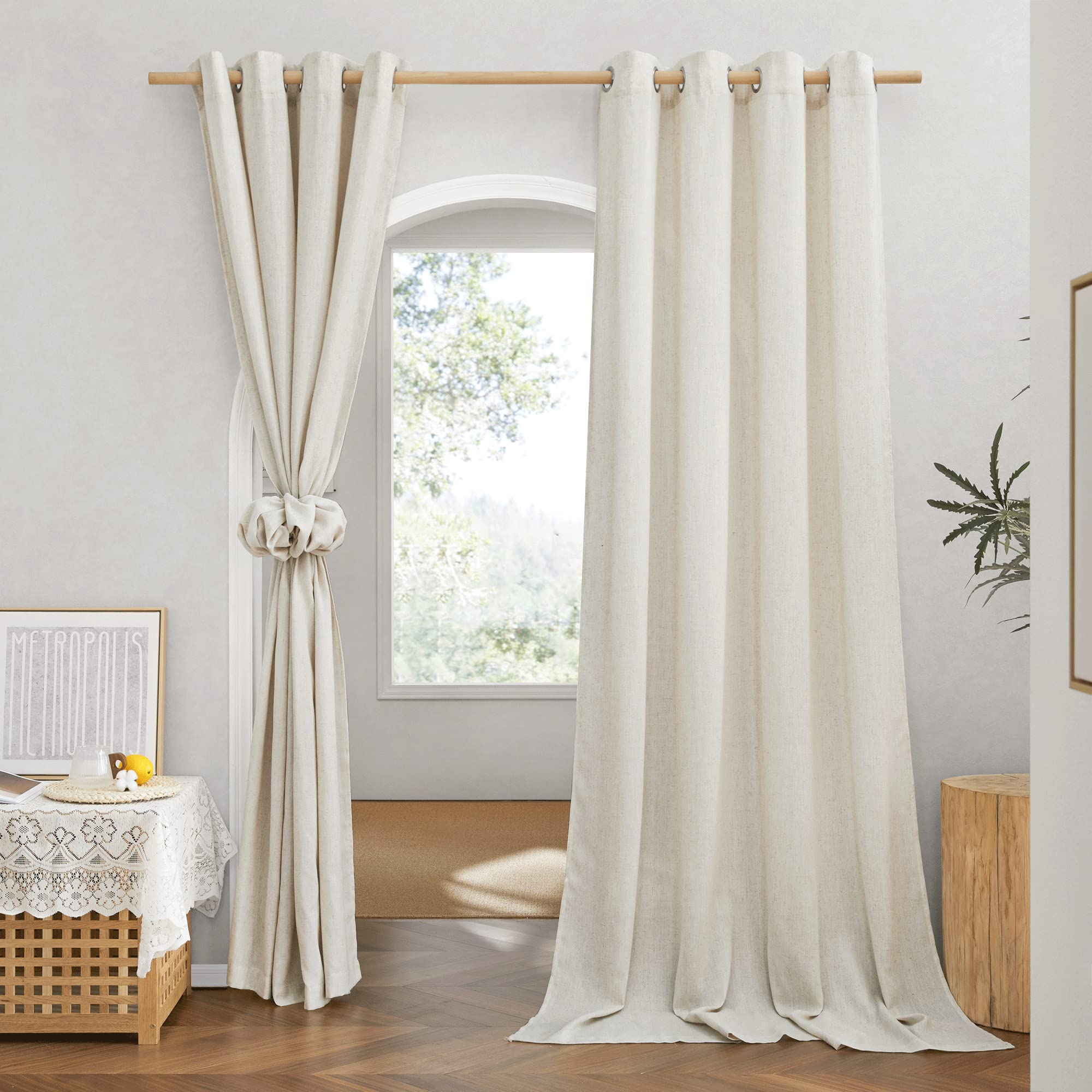 NICETOWN Natural Linen Curtains 84 inch Long 2 Panels Set, Grommet Top Thick Linen Burlap Semi Sheer Vertical Drapes Privacy Assured with Light Filtering for Bedroom/Living Room, W55 x L84