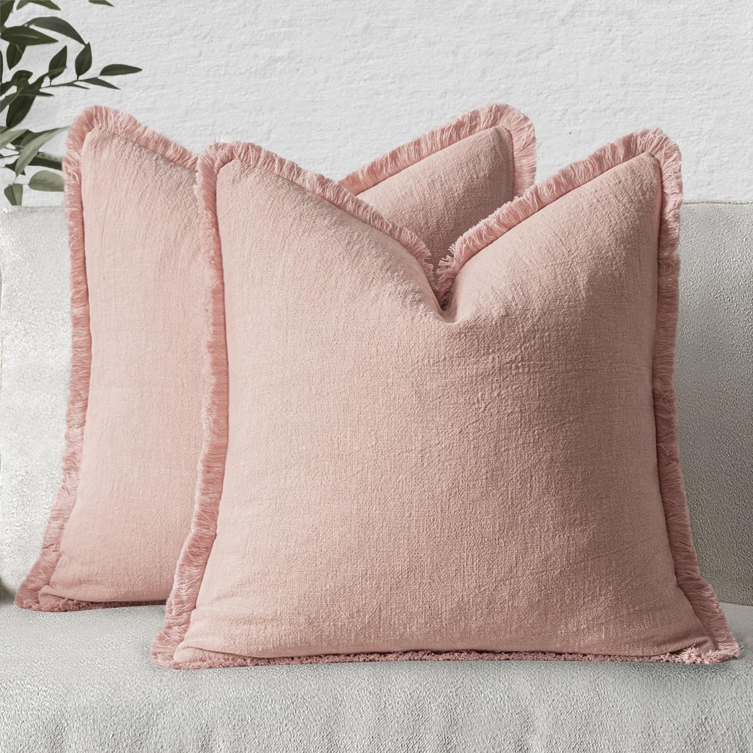 MIULEE Decorative Throw Pillow Covers Neutral Linen Fringe Throw Pillows Set of 2 Natural Beige Boho Farmhouse Cushion Cases with Tassels for Couch Sofa Bed Living Room Spring Decor 18x18 Inch