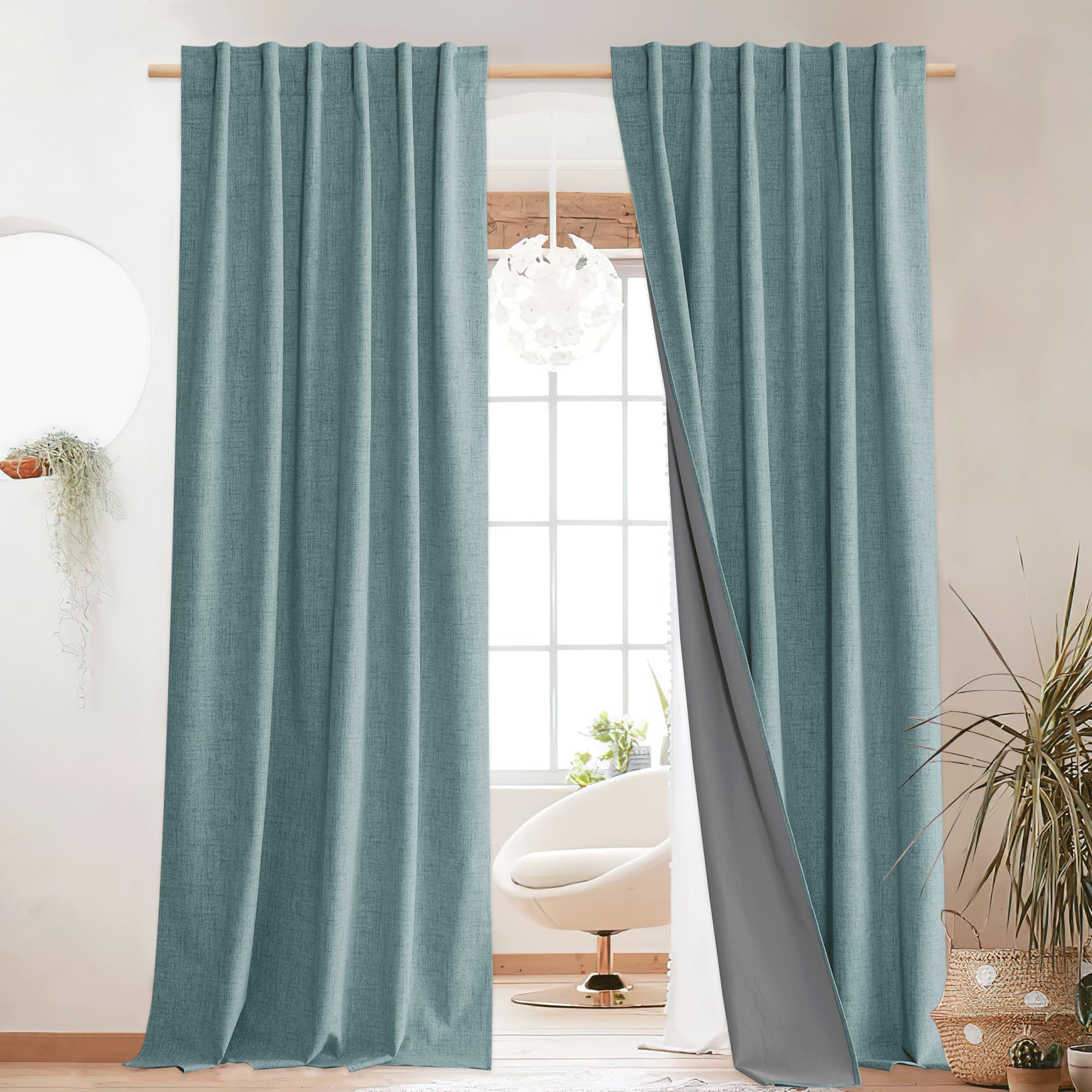 NICETOWN 100% Blackout Linen Curtains 90" Long for Bedroom, Thermal Insulated Living Room Curtains with Liner, Farmhouse Style Linen Blend Window Draperies for Dining Room (2 Panels, 52" W, Natural)