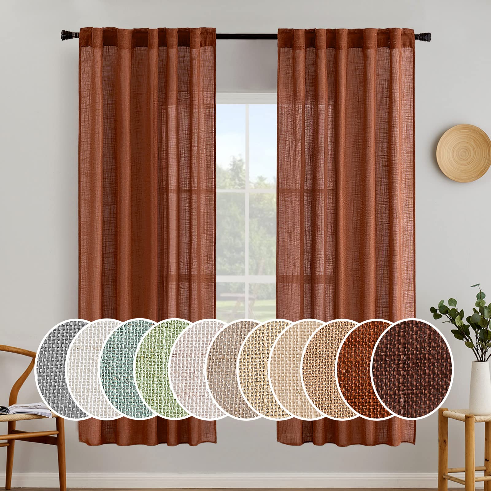 MIULEE Taupe Linen Curtains 84 Inch Length for Bedroom Living Room, Soft Thick Linen Textured Window Drapes Semi Sheer Light Filtering Back Tab Rod Pocket Burlap Look Farmhouse Country Decor, 2 Panels