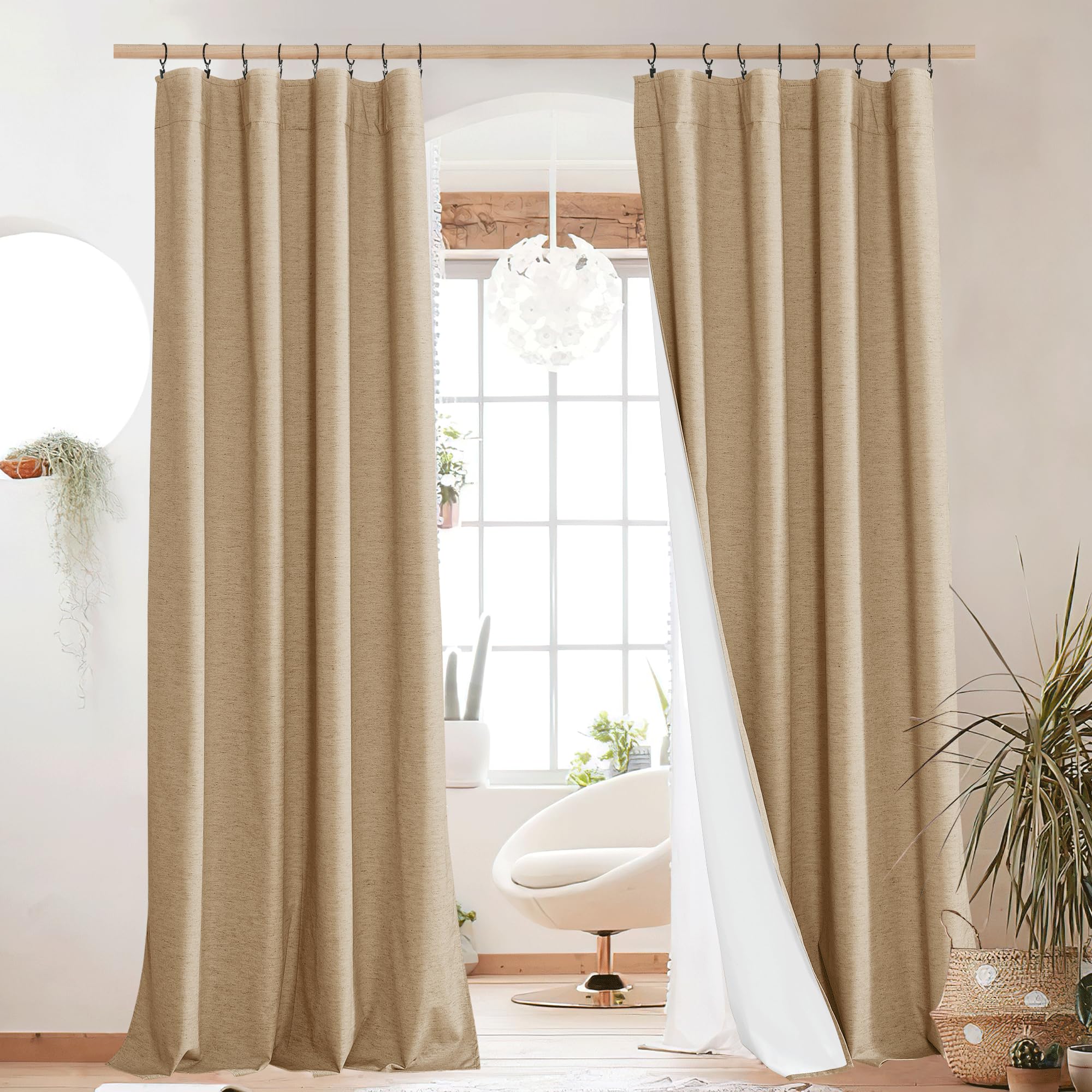 NICETOWN 100% Blackout Linen Curtains 90" Long for Bedroom, Thermal Insulated Living Room Curtains with Liner, Farmhouse Style Linen Blend Window Draperies for Dining Room (2 Panels, 52" W, Natural)