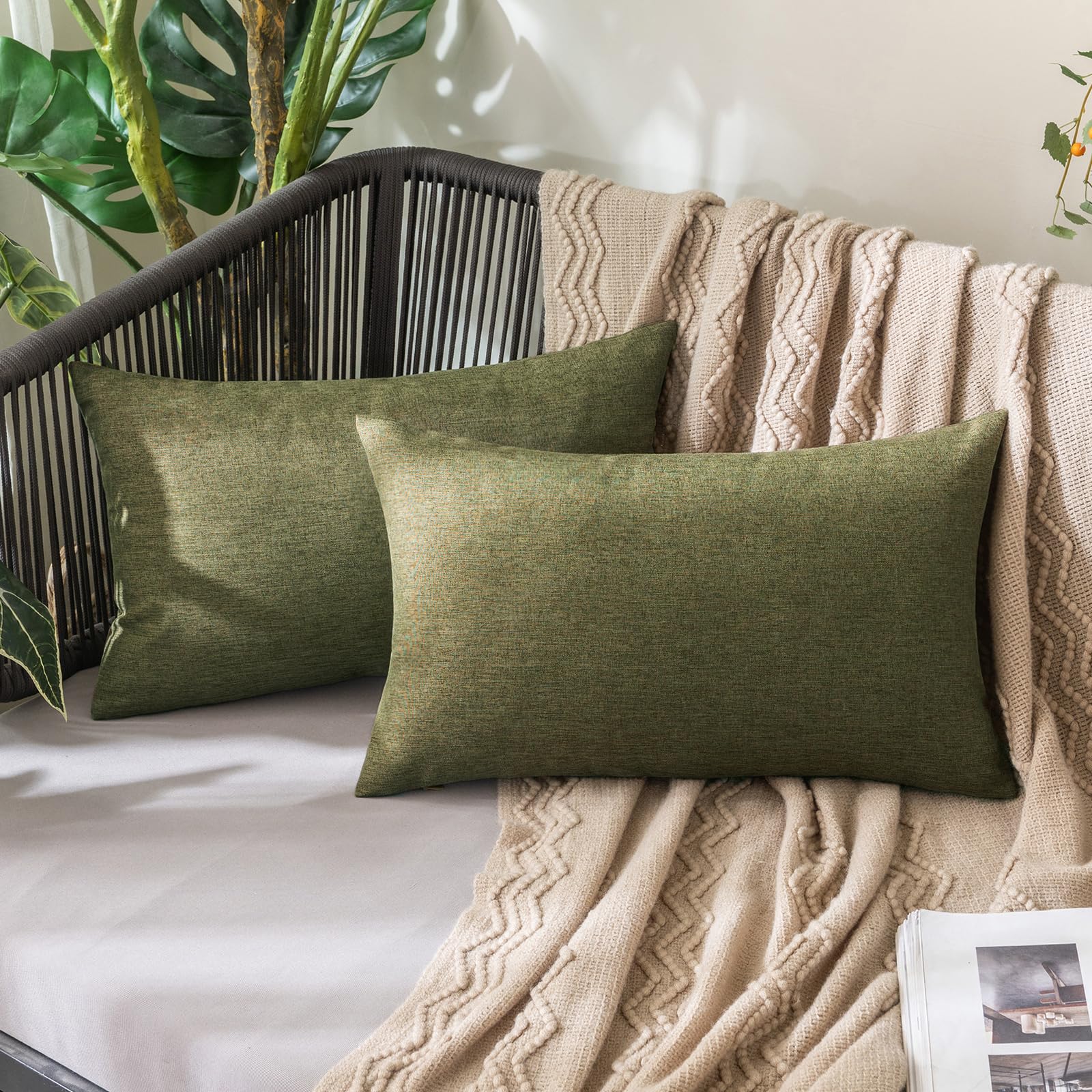 MIULEE Pack of 2 Decorative Outdoor Solid Waterproof Throw Pillow Covers Faux Linen Garden Farmhouse Cushion Cases for Patio Tent Balcony Couch Sofa 18x18 Inch Beige