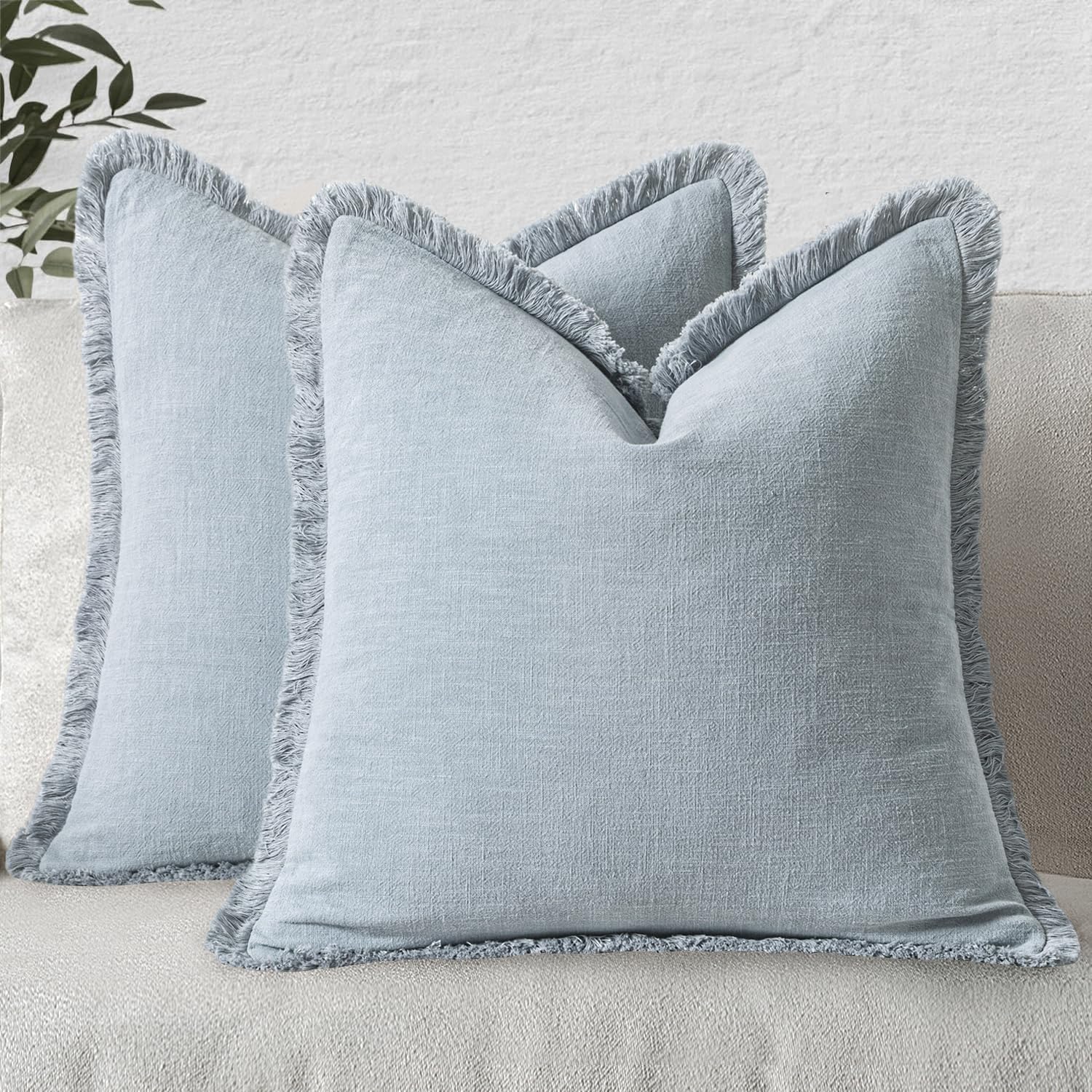 MIULEE Decorative Throw Pillow Covers Neutral Linen Fringe Throw Pillows Set of 2 Natural Beige Boho Farmhouse Cushion Cases with Tassels for Couch Sofa Bed Living Room Spring Decor 18x18 Inch
