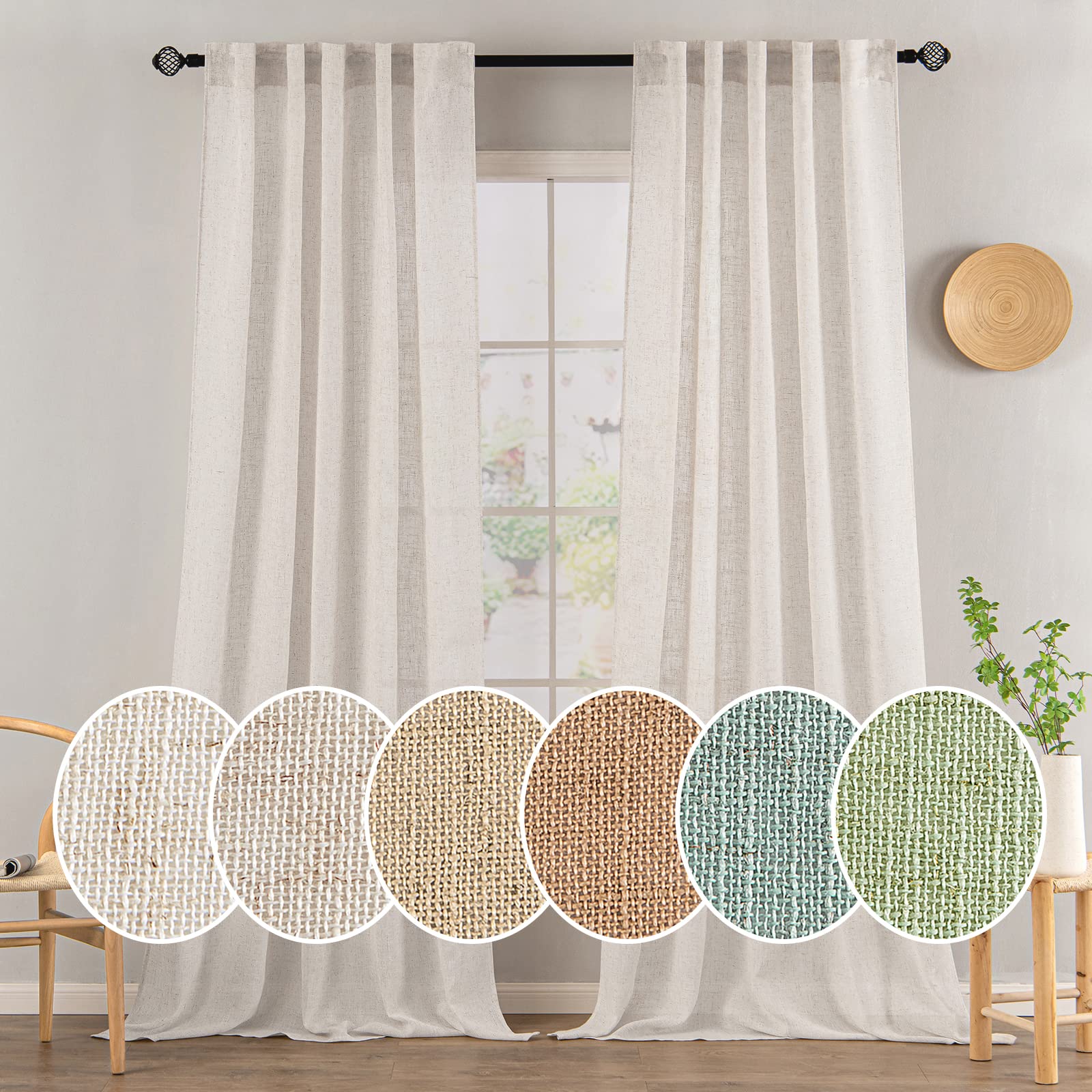 MIULEE Natural White Linen Curtains 84 Inch Long for Bedroom Living Room, Soft Thick Linen Textured Window Drapes Semi Sheer Light Filtering Rod Pocket Back Tab Neutral Farmhouse Cream Ivory 2 Panels