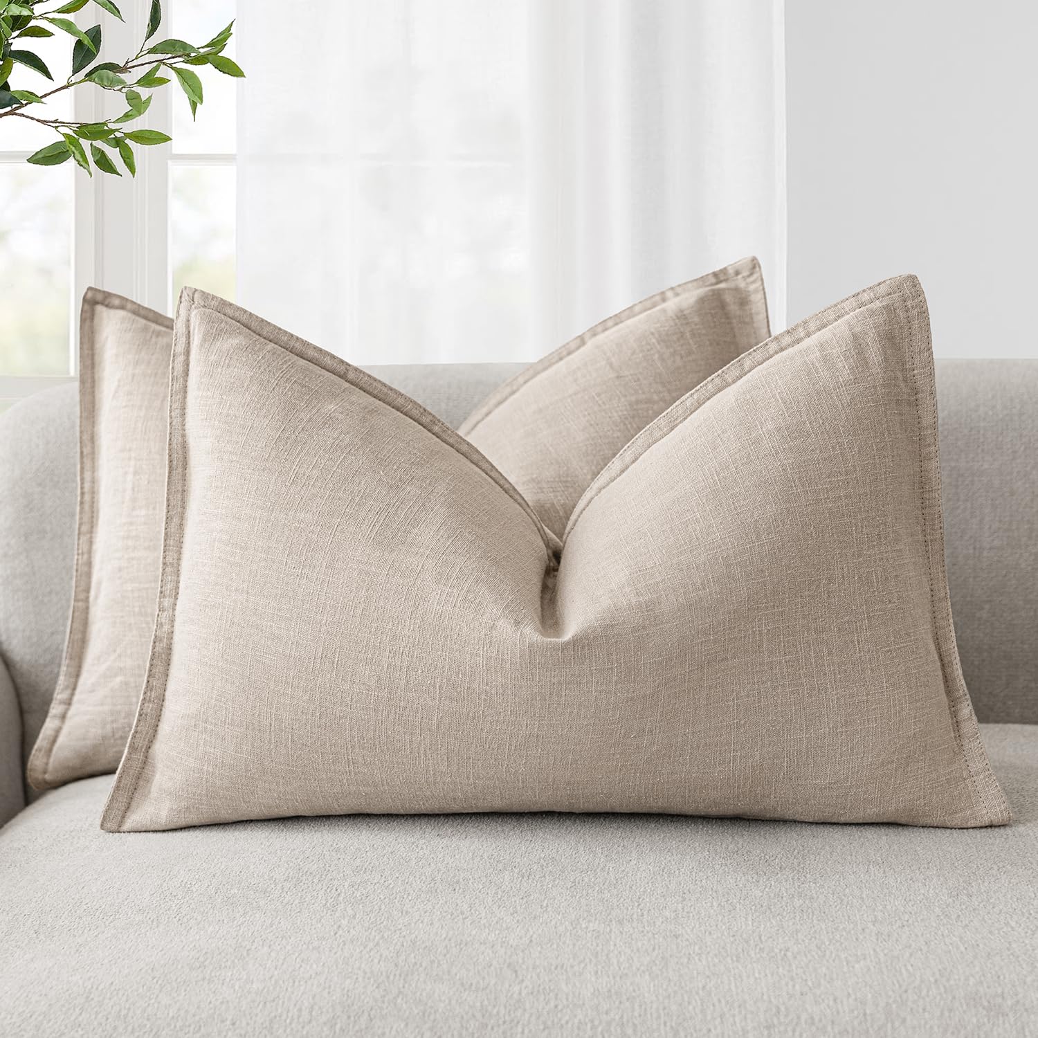Foindtower Pack of 2, Decorative Linen Soild Throw Pillow Covers Soft Accent Cushion Case Boho Farmhouse Neutral Pillowcase for Couch Sofa Bedroom Living Room Home Decor 20 x 20 Inch Natural Beige