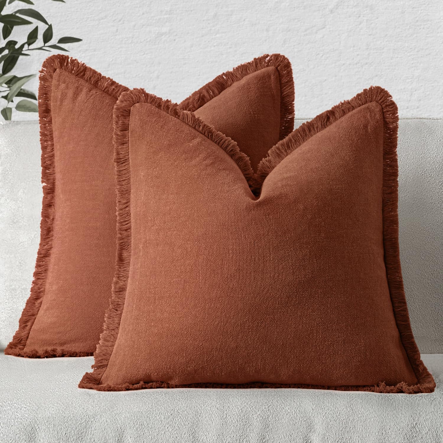 MIULEE Decorative Throw Pillow Covers Neutral Linen Fringe Throw Pillows Set of 2 Natural Beige Boho Farmhouse Cushion Cases with Tassels for Couch Sofa Bed Living Room Spring Decor 18x18 Inch