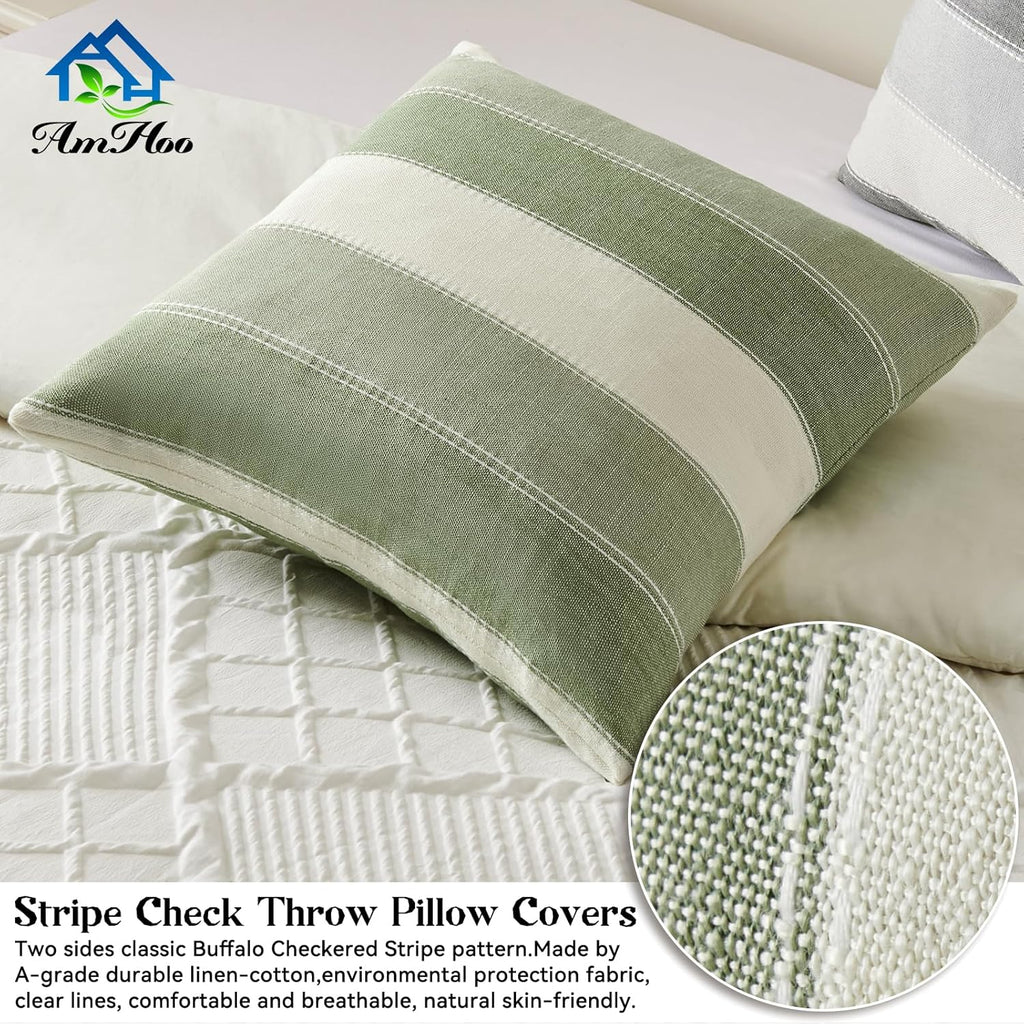 AmHoo Pack of 2 Farmhouse Stripe Check Throw Pillow Covers Set Case Cotton Linen Decorative Pillowcases Cushion Cover for Couch Bench Sofa 20x20 Inch Sage Green