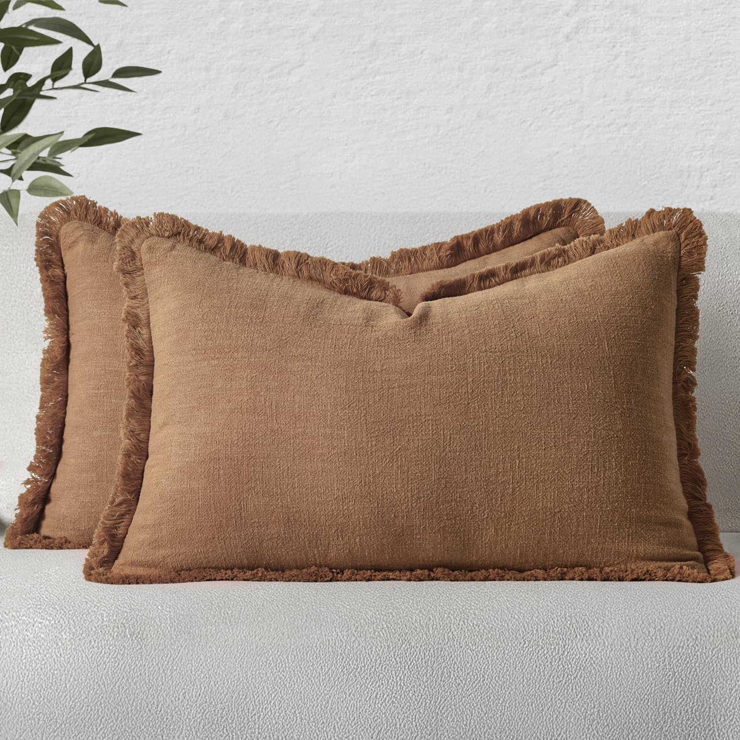 MIULEE Decorative Throw Pillow Covers Neutral Linen Fringe Throw Pillows Set of 2 Natural Beige Boho Farmhouse Cushion Cases with Tassels for Couch Sofa Bed Living Room Spring Decor 18x18 Inch