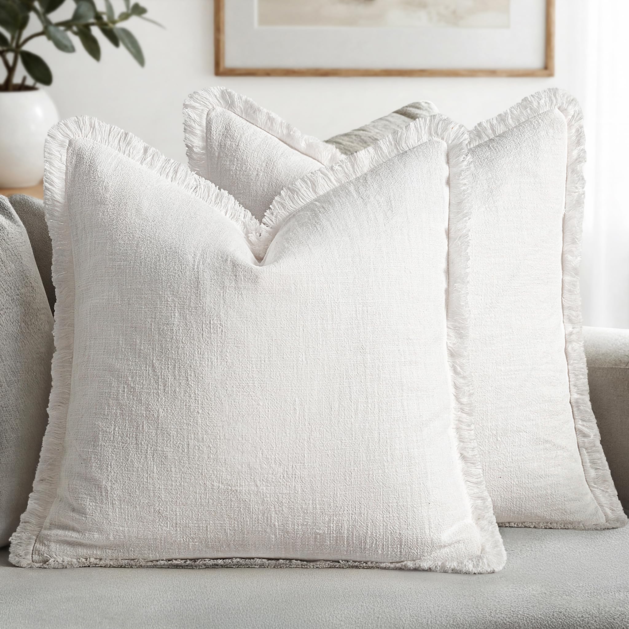 MIULEE Decorative Throw Pillow Covers Neutral Linen Fringe Throw Pillows Set of 2 Natural Beige Boho Farmhouse Cushion Cases with Tassels for Couch Sofa Bed Living Room Spring Decor 18x18 Inch