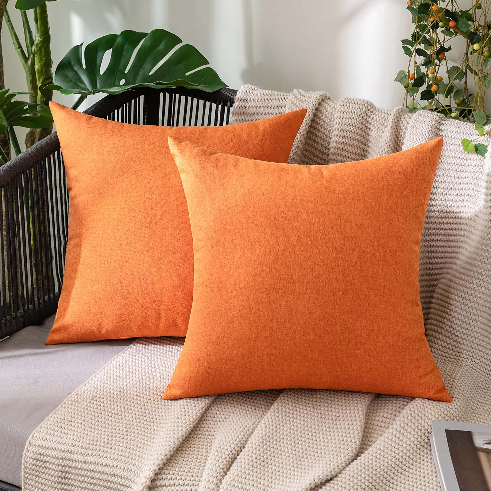 MIULEE Pack of 2 Decorative Outdoor Solid Waterproof Throw Pillow Covers Faux Linen Garden Farmhouse Cushion Cases for Patio Tent Balcony Couch Sofa 18x18 Inch Beige
