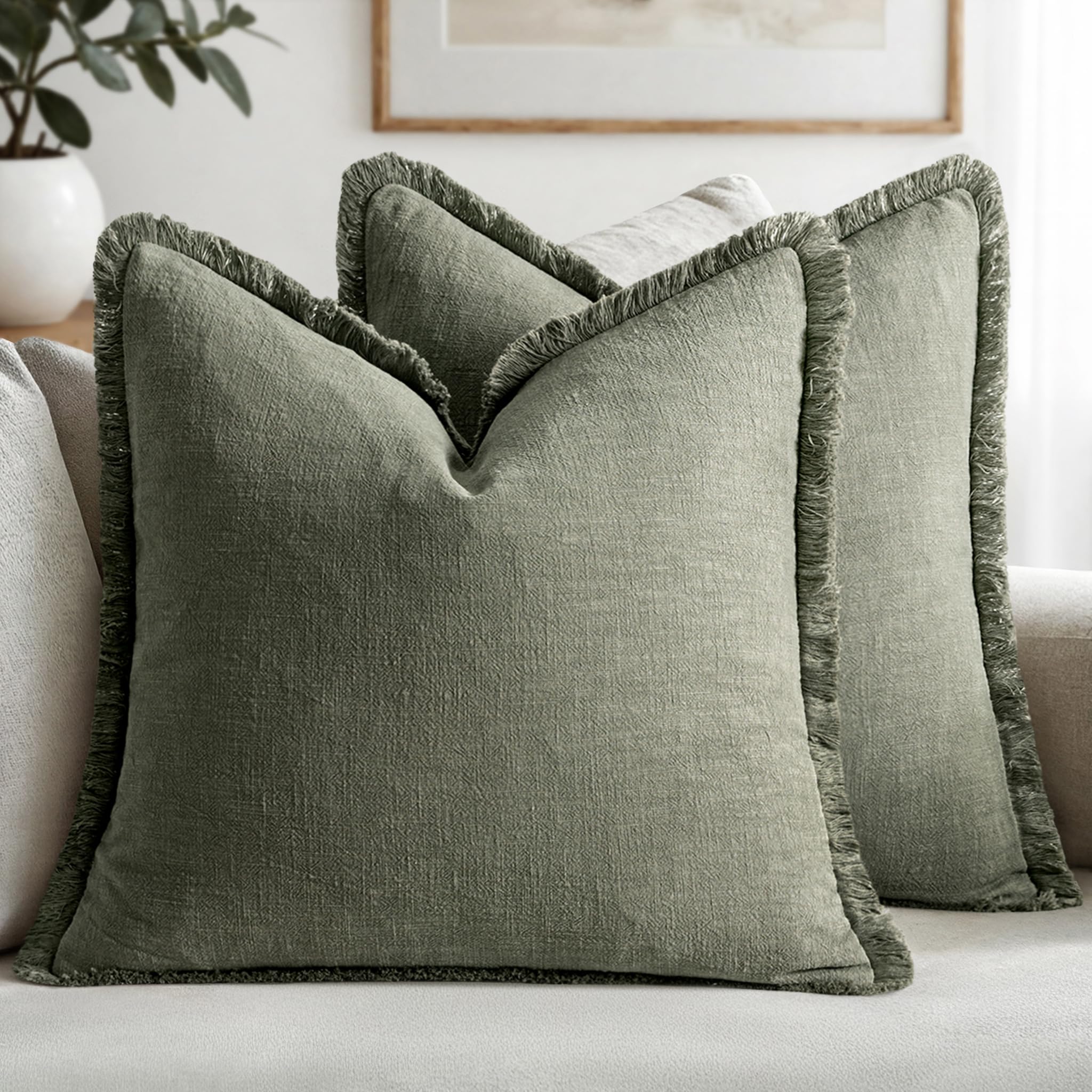 MIULEE Decorative Throw Pillow Covers Neutral Linen Fringe Throw Pillows Set of 2 Natural Beige Boho Farmhouse Cushion Cases with Tassels for Couch Sofa Bed Living Room Spring Decor 18x18 Inch
