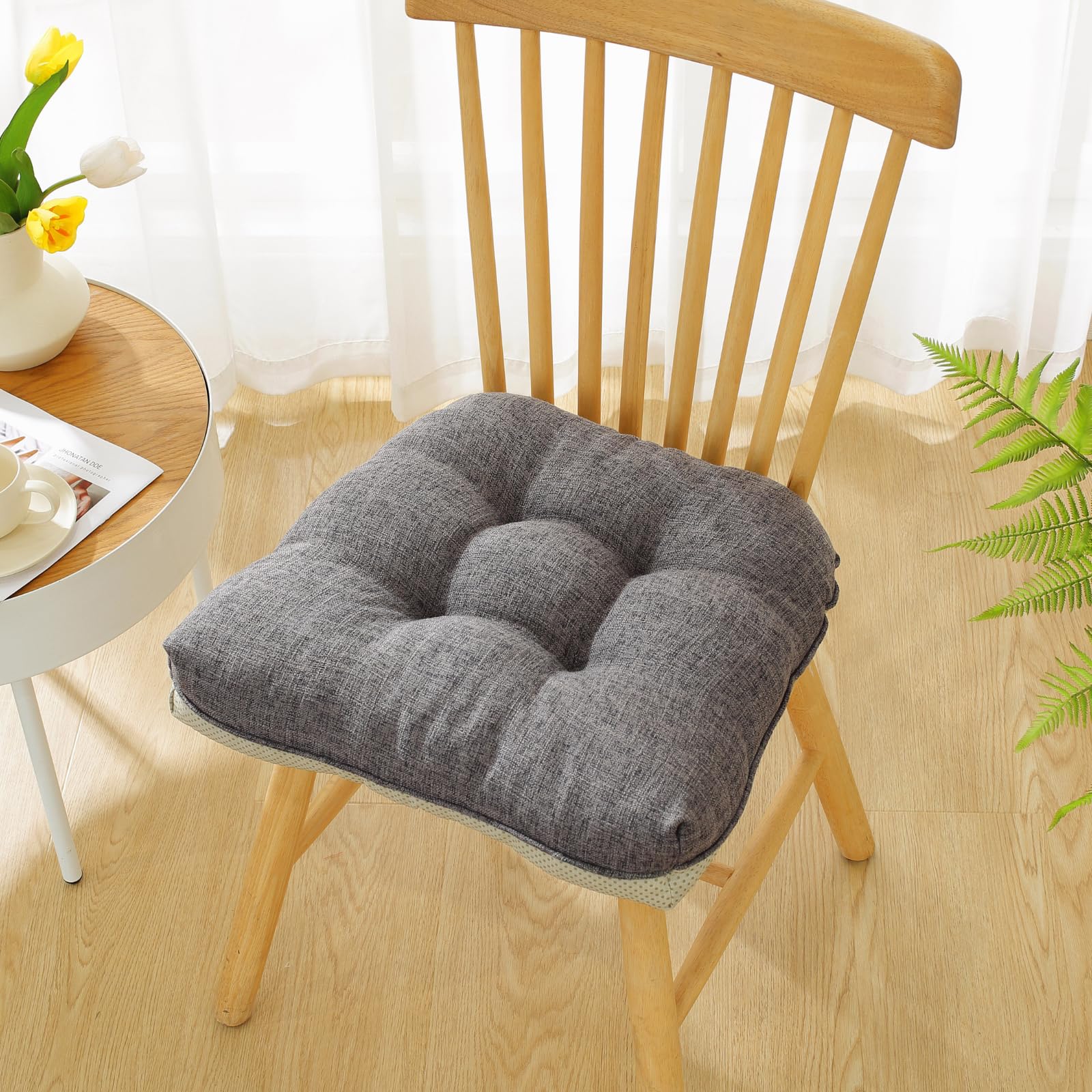 Cotton Linen Soft Comfort Chair Cushion 18"x17"x2" Tufted Chair Pads with Ties Non-Slip Seat Cushions for Indoor Dining Room Kitchen and Office Chairs (Khaki,18"x17")