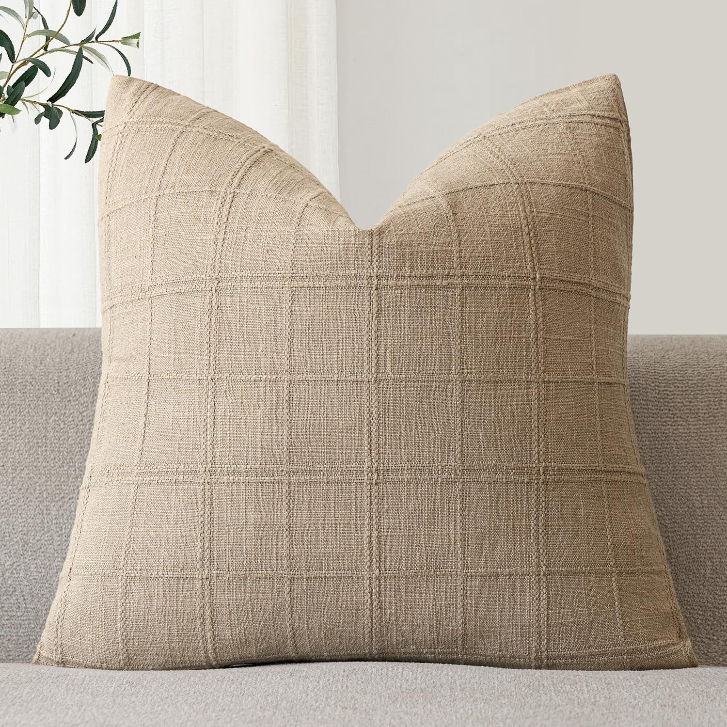 Foindtower Set of 1 Decorative Linen Check Throw Pillow Cover Neutral Farmhouse Lumbar Cushion Cover Modern Boho Home Decor for Sofa Chair Couch Bedroom Living Room,12×20 Inch,Natural Beige