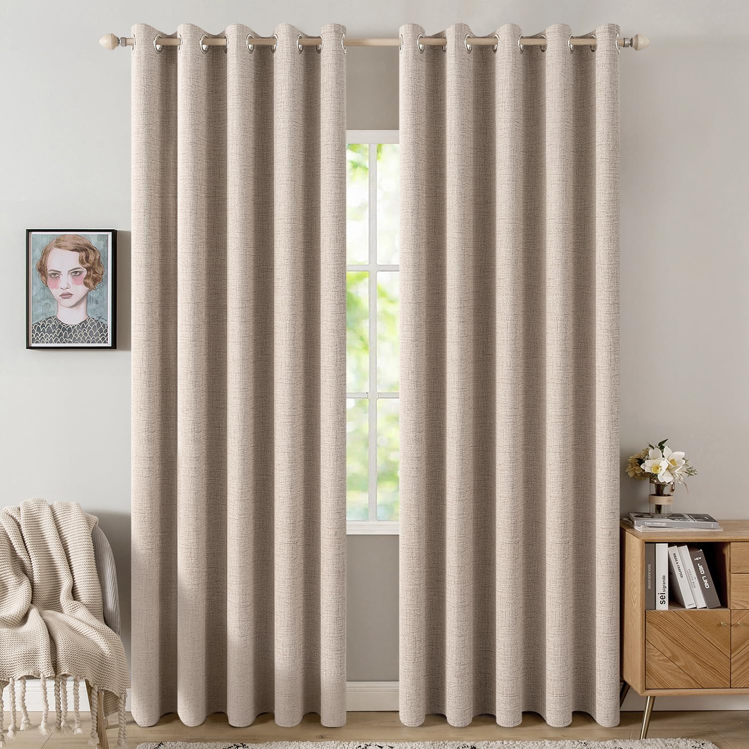 MIULEE 100% Blackout Linen Textured Curtains for Bedroom Solid Thermal Insulated Natural Beige Grommet Room Darkening Curtains & Drapes Luxury Decor for Living Room Nursery 52 x 84 Inch (2 Panels)