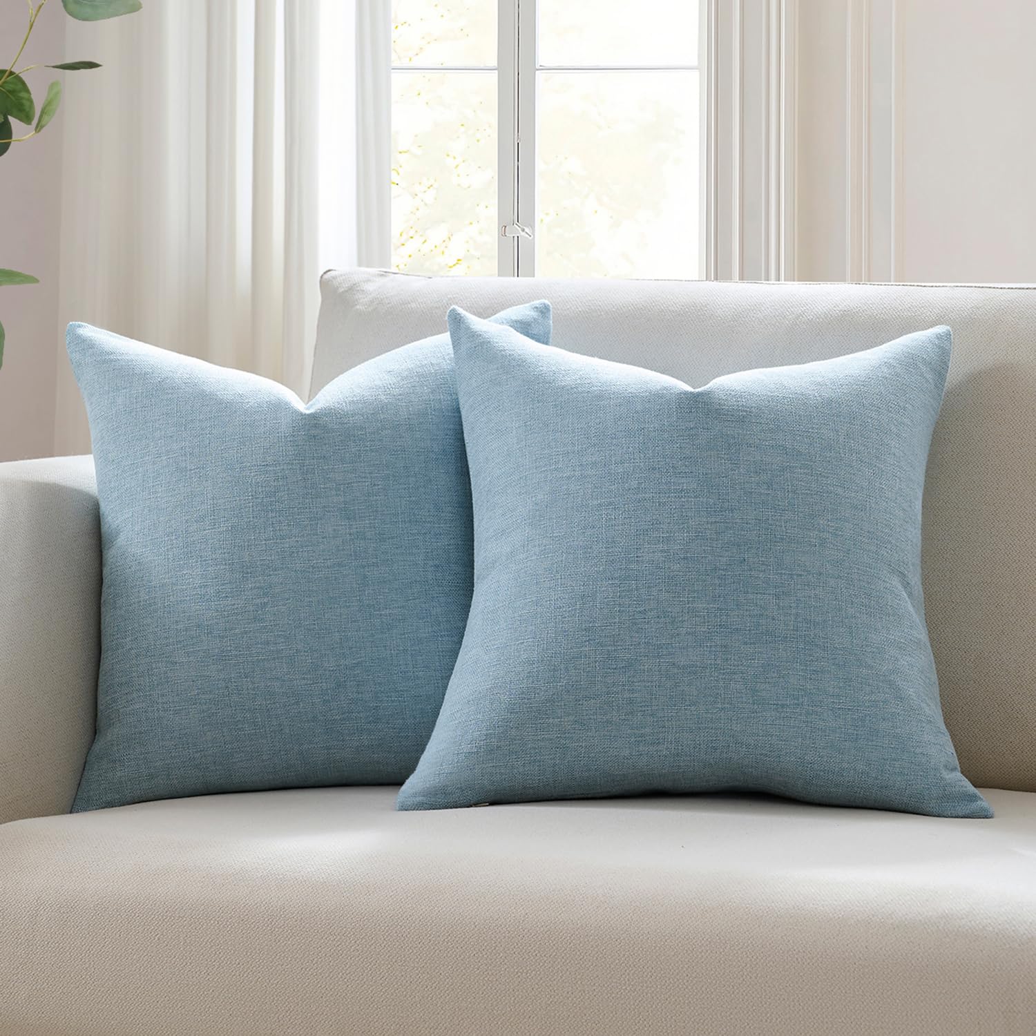 Meekio Set of 2 Ivory Throw Pillow Covers 18x18, Modern Farmhouse Linen Blend Decorative Pillow Covers for Couch Sofa Bed, Neutral Home Decor
