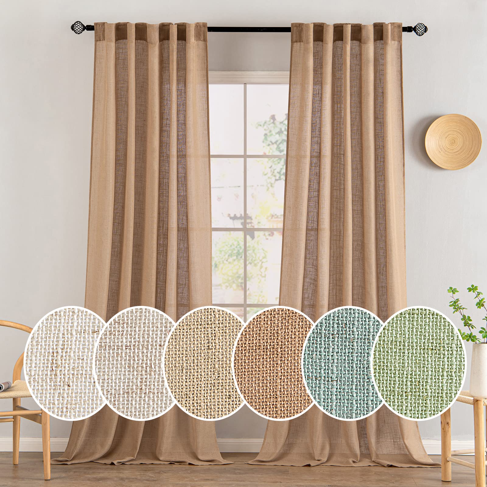 MIULEE Taupe Linen Curtains 84 Inch Length for Bedroom Living Room, Soft Thick Linen Textured Window Drapes Semi Sheer Light Filtering Back Tab Rod Pocket Burlap Look Farmhouse Country Decor, 2 Panels